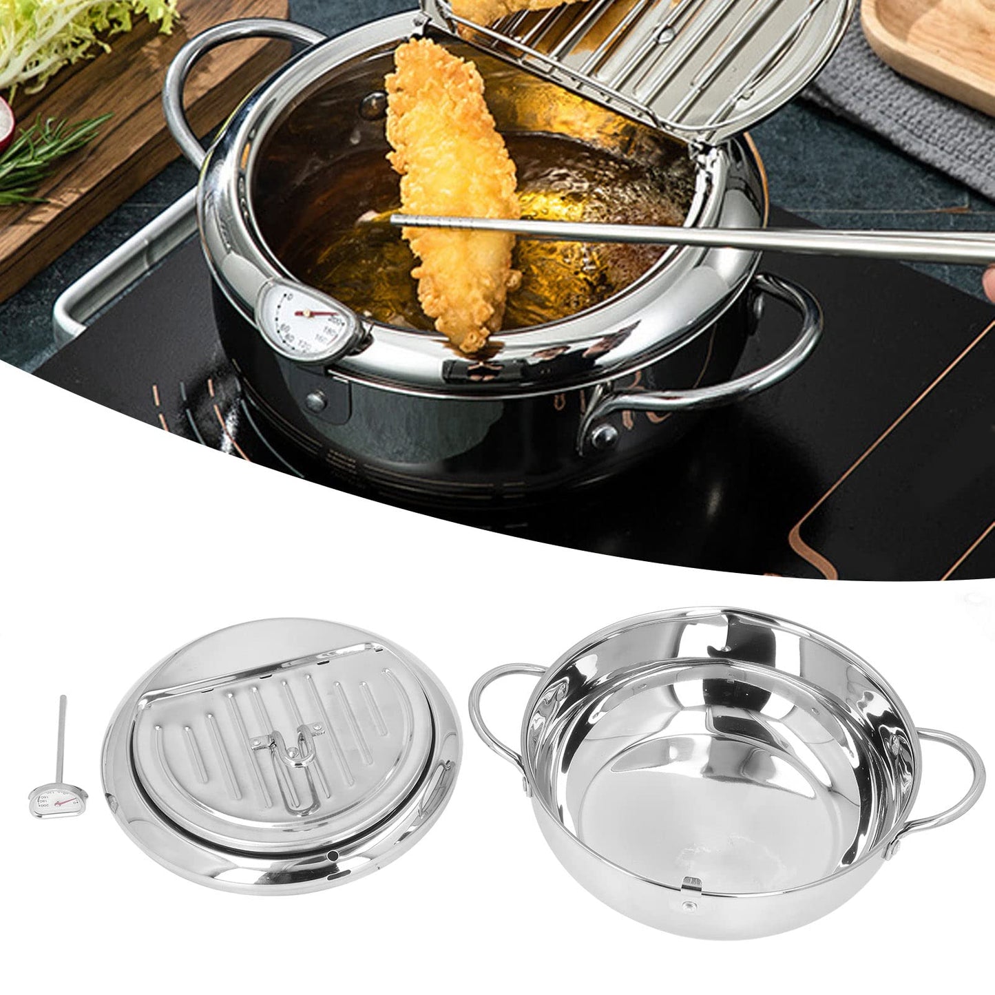 Olla Japonés para Freír Tempura Acero Inoxidable Retención de Calor 3,4 L