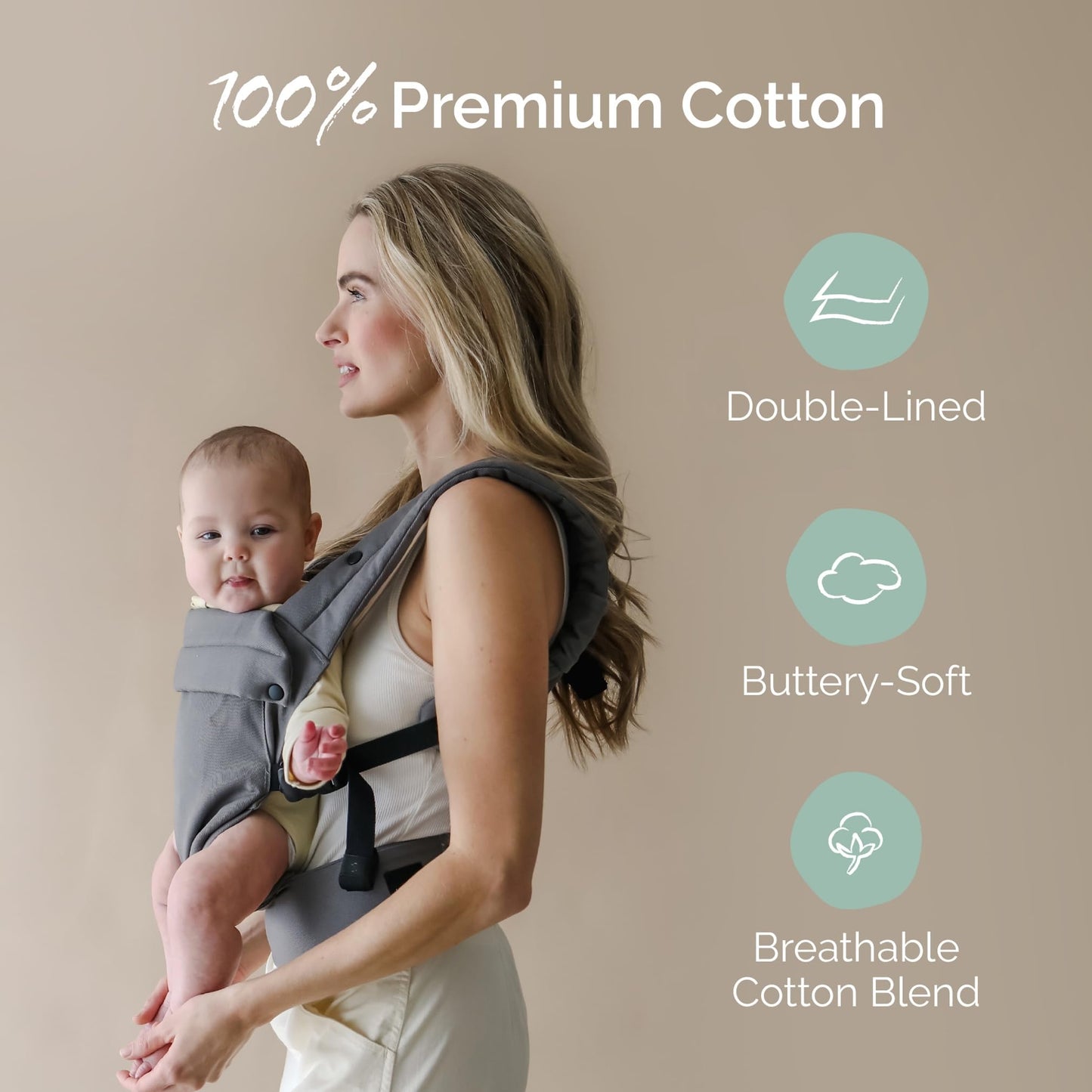 Boba Auri - Portabebés para recién nacidos y niños pequeños, 100% algodón, 3 posiciones ergonómicas (delantera/delantera/trasera), portabebés con posición M con asiento ajustable (7-45 libras), color
