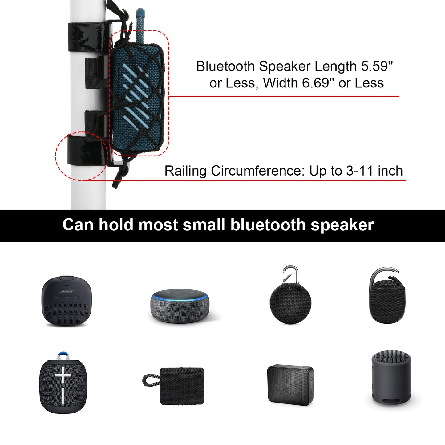 Soporte de Metal TXEsign Negro para Altavoz pequeño portátil con Correa Ajustable Compatible con Go para Bicicleta, Carrito de Golf o Baranda de Barco