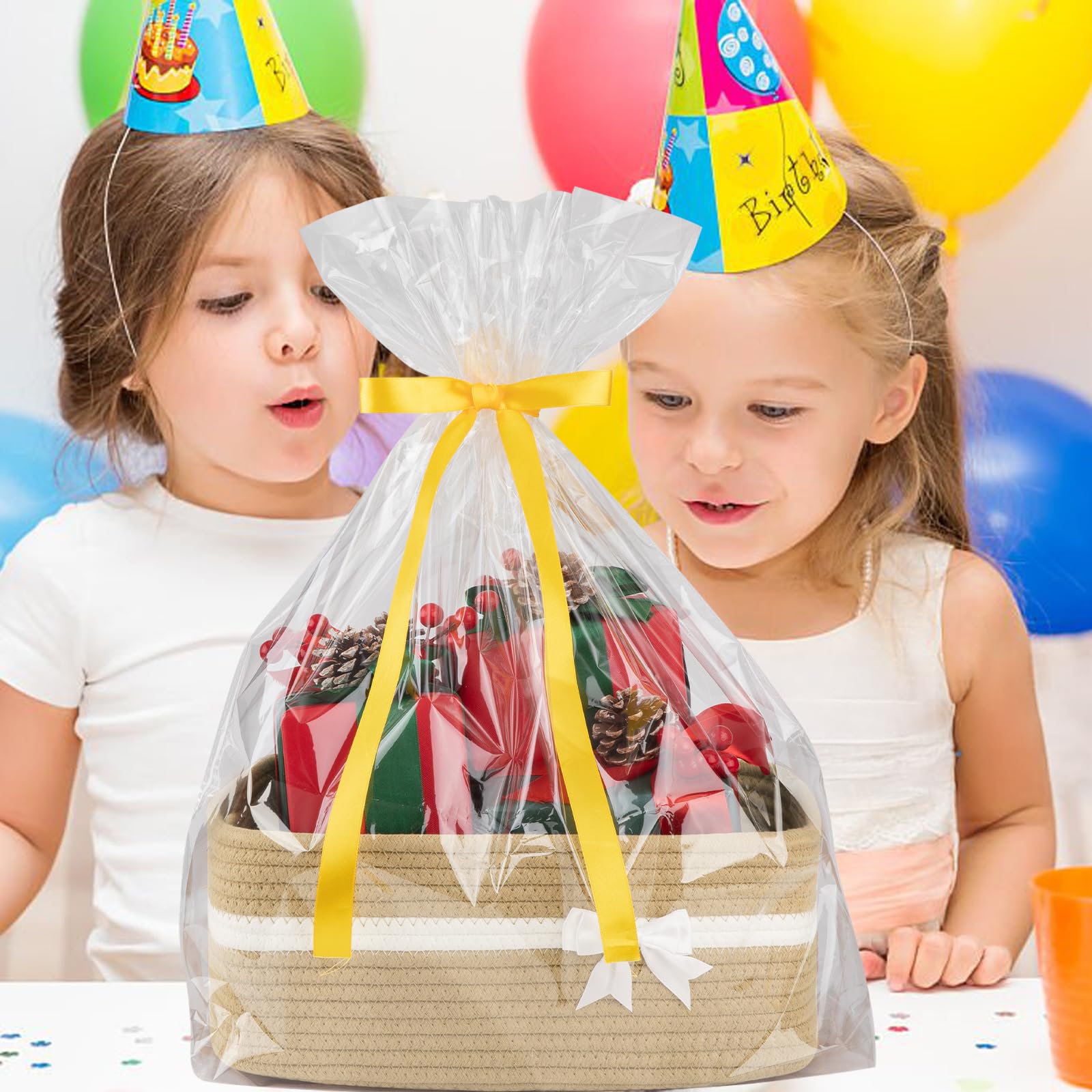 OIAHOMY - Cesta de almacenamiento tejida grande con asas para guardería, estantes de sala de estar, cesta de lazo para regalos vacía con bolsas de regalo y cintas para baby shower, contenedor de