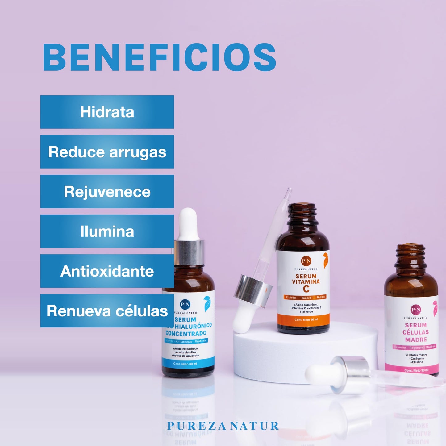 Kit Serum facial Acido Hialurónico, Vitamina C y Células Madre anti edad | Paquete completo de serum para el cuidado de la piel, hidratación y rejuvenecimiento (Kit AH + Celulas madre + Vit C)