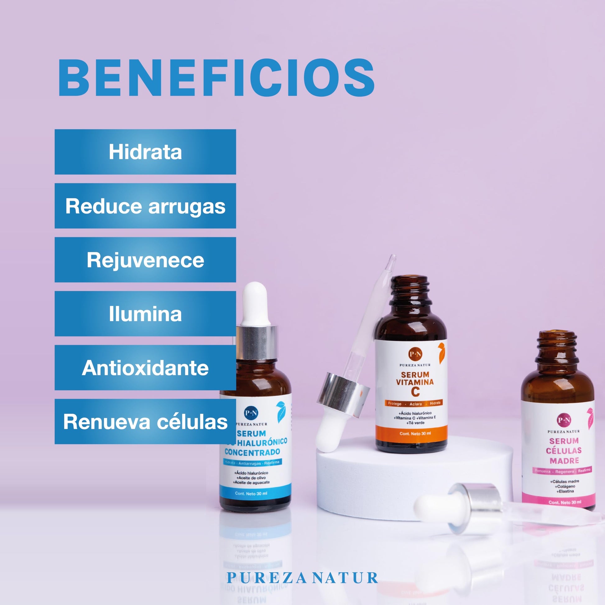 Kit Serum facial Acido Hialurónico, Vitamina C y Células Madre anti edad | Paquete completo de serum para el cuidado de la piel, hidratación y rejuvenecimiento (Kit AH + Celulas madre + Vit C)