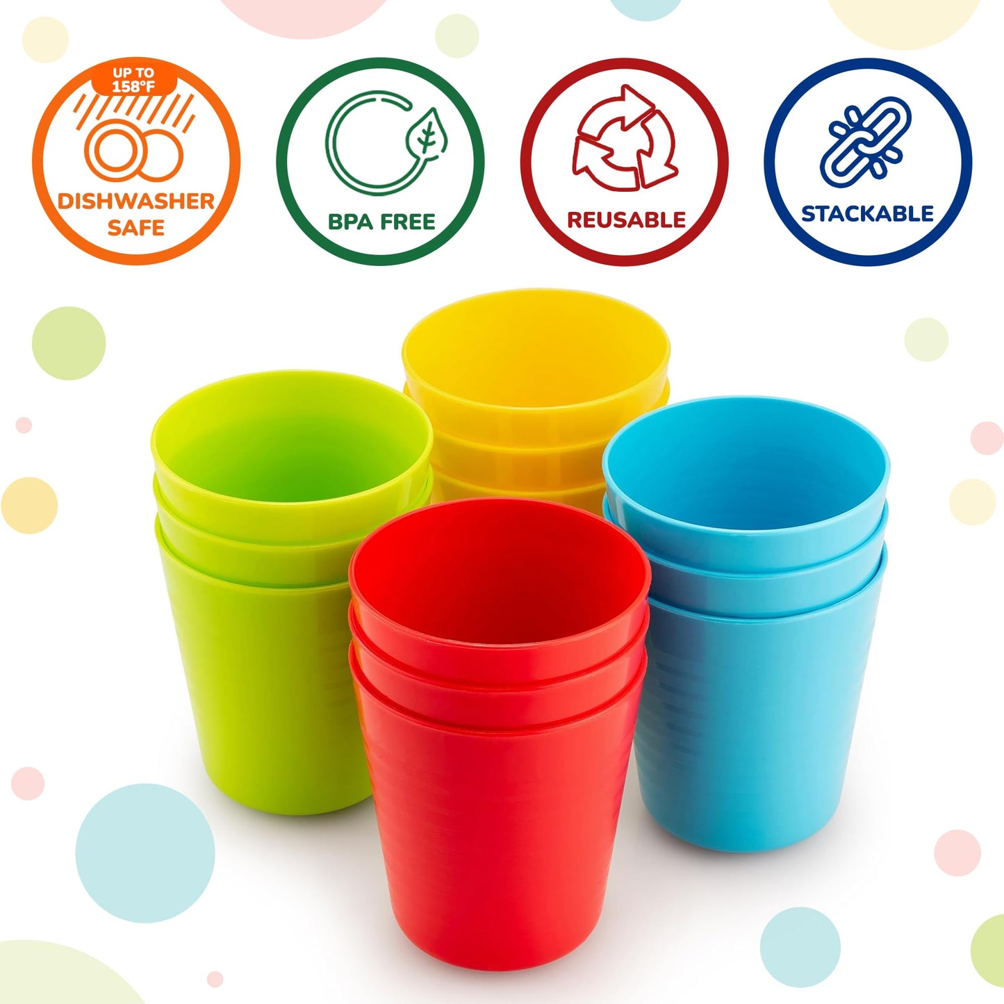 PLASKIDY - Juego de 12 tazas de plástico reutilizables de 8 onzas, aptas para lavaplatos, sin BPA para niños y niños pequeños