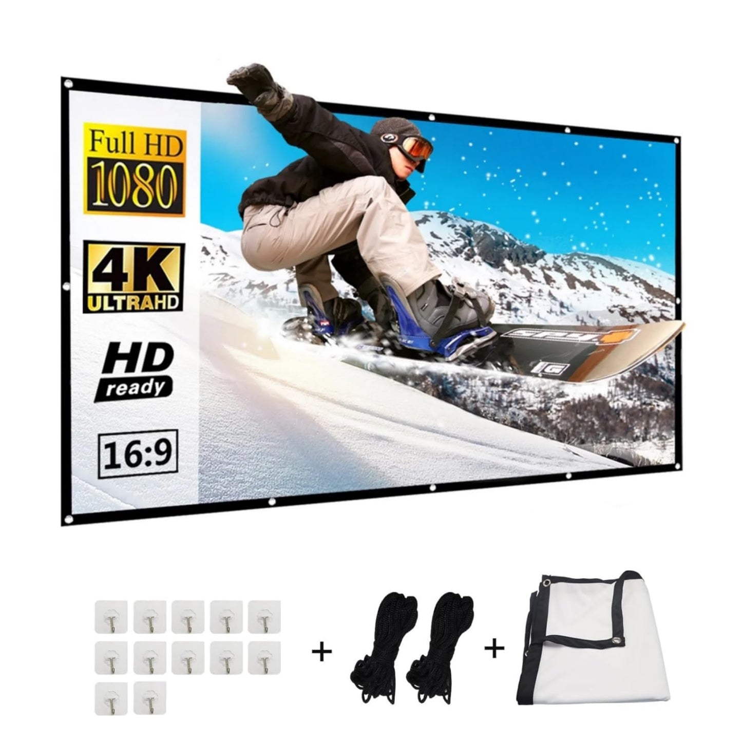 CHUCI-visualización de proyector de 100 Pulgadas, 16:9 HD Pantalla de Proyector Portátil,Plegable portátil, para Exteriores, Interior y Cine en casa(Gancho y Cuerda incluidos)