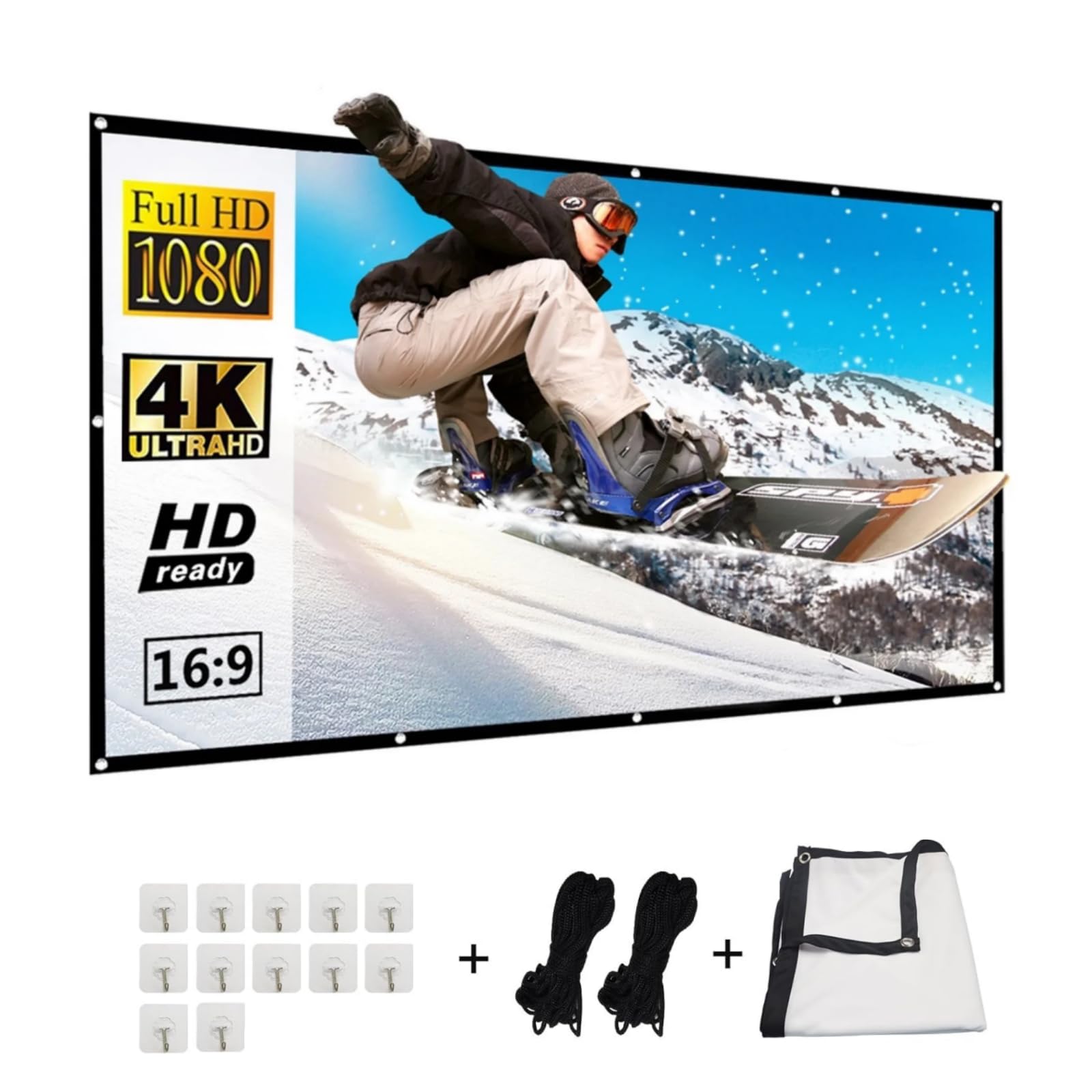 CHUCI-visualización de proyector de 120 Pulgadas, 16:9 HD Pantalla de Proyector Portátil,Plegable portátil, para Exteriores, Interior y Cine en casa(Gancho y Cuerda incluidos)