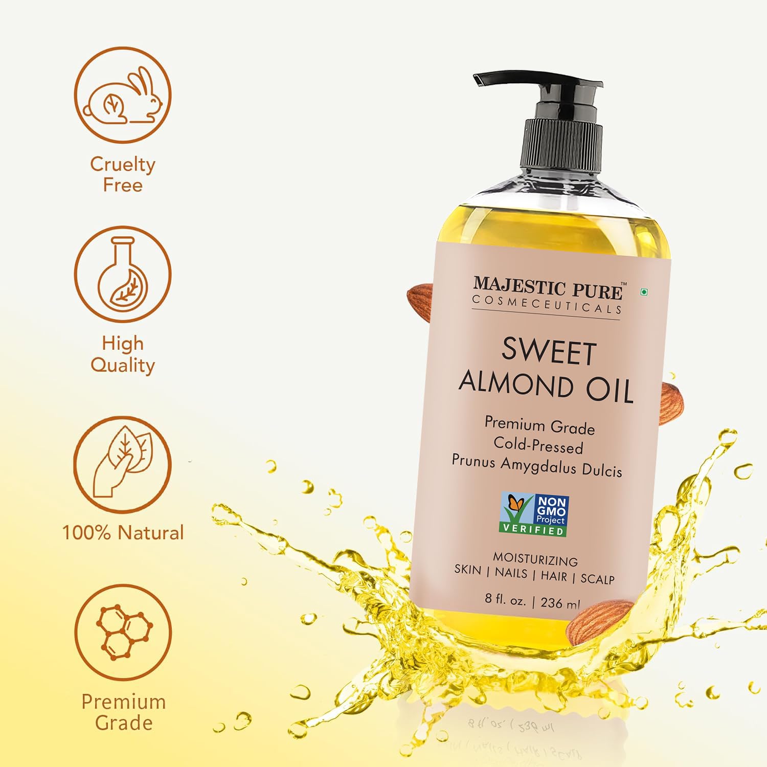 MAJESTIC PURE USDA Organic Sweet Almond Oil | Cold Pressed Oil Sweet Almond Oil for Skin, Face, Nails, Hair, Scalp & Massage | 8fl oz