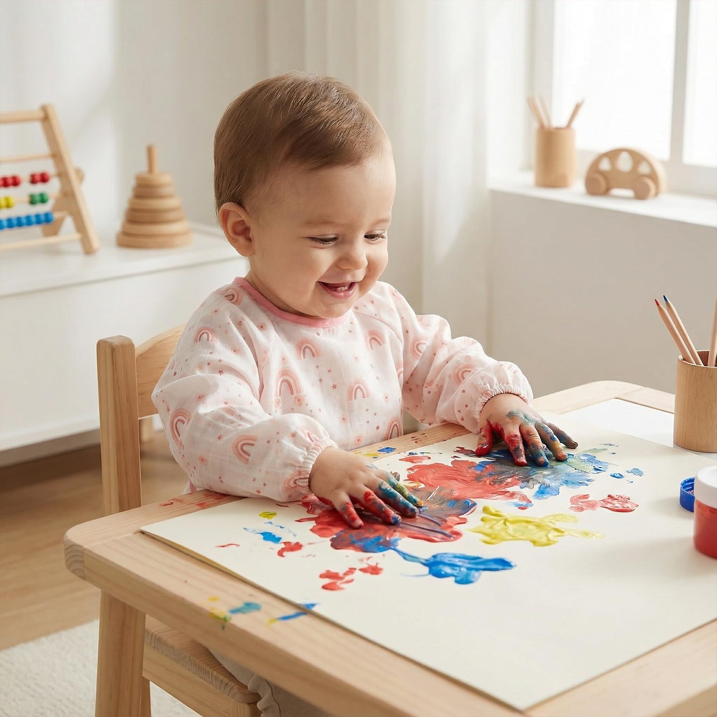 HAMUR HOME - Babero de manga larga para bebé de 2 a 4 años - Impermeable y a prueba de desorden, para destete LED, lavable a máquina, ligero para bebés y niños pequeños, color crema