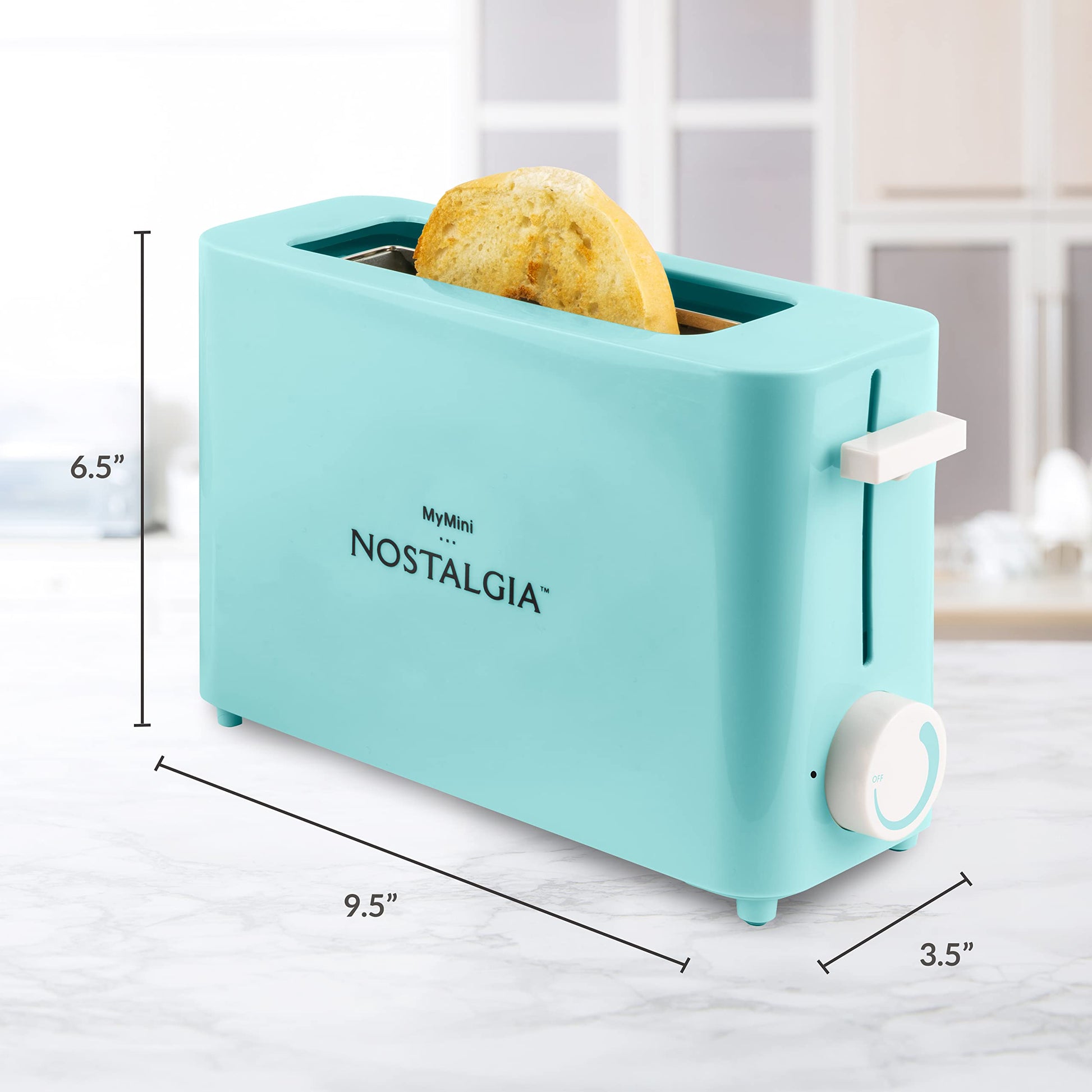 Nostalgia MyMini tostador de una rebanada, ranura extra ancha, temperatura ajustable, bandeja extraíble para migas, color aguamarina