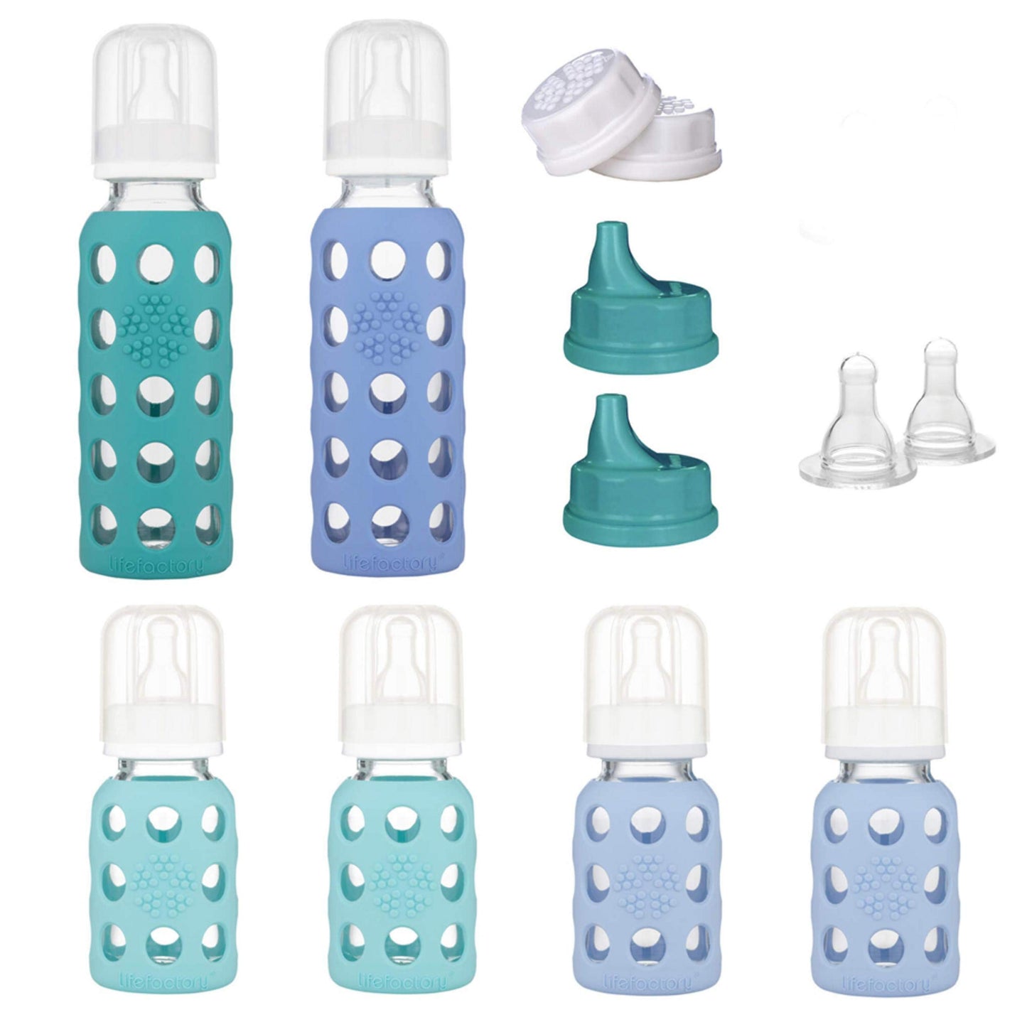 Lifefactory - Juego de 6 Biberones: (4) de 4 Onzas en Menta/Manta, (2) de 9 Onzas en Col Rizada/Arándano, (2) Gorras Planas, (2) Gorras para Sorber, (2) Pezones para Etapa 2