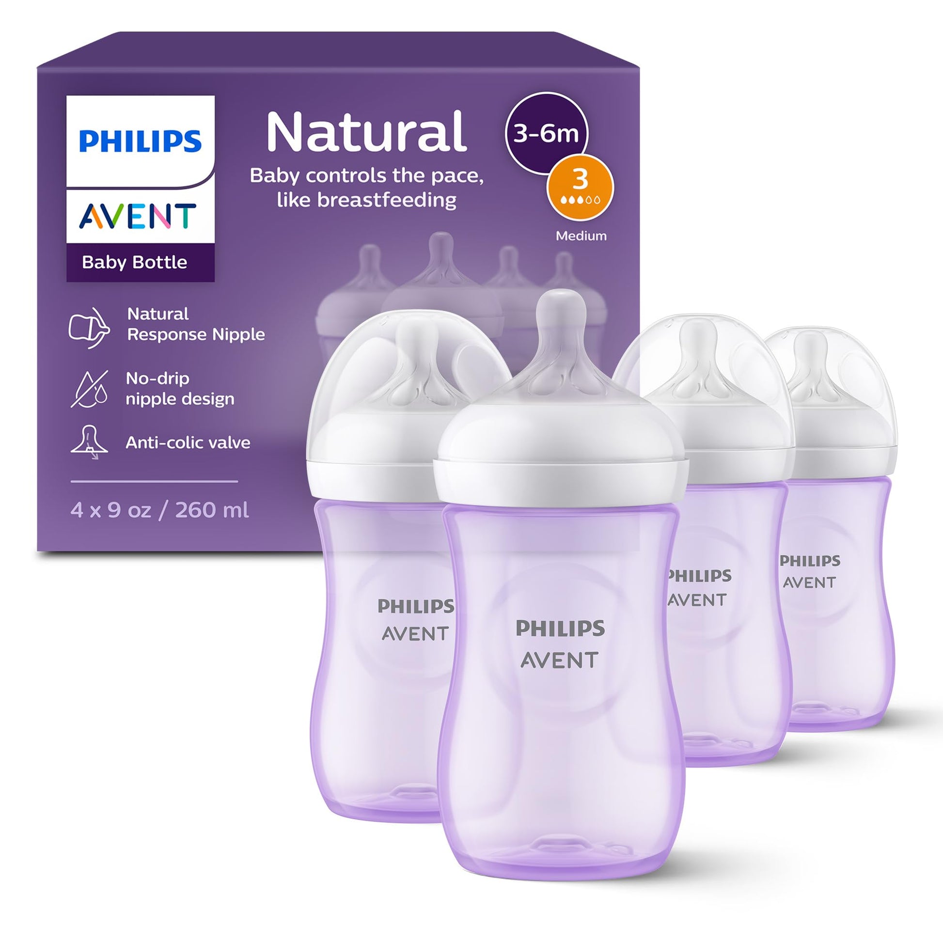 Biberón Philips AVENT morado de 9 Onzas con Pezón de Respuesta Natural, Paquete de 4 Unidades