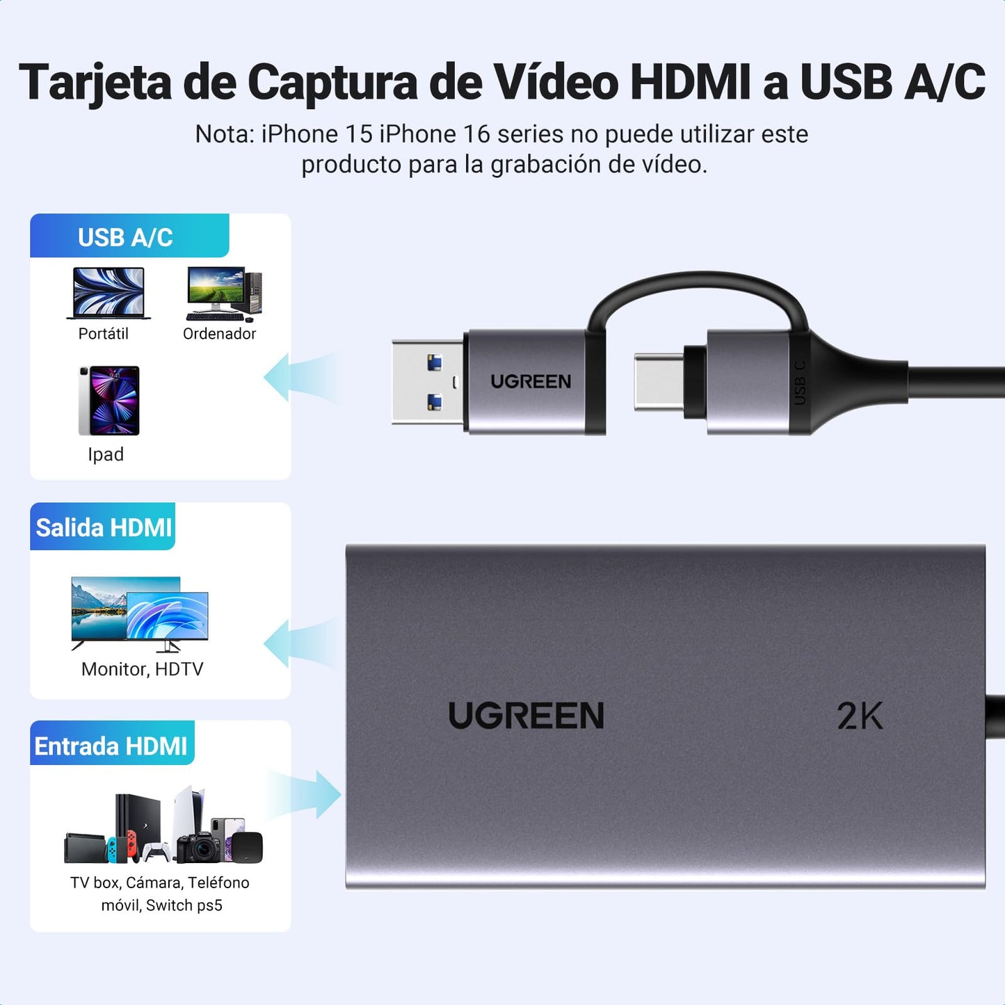 UGREEN 4K Capturadora de Video HDMI, 2K@30Hz 1080P@60fps Grabación de Juegos Passthrough Loop-out para Transmisión, Compatible con Switch 2, PS5, Xbox, PC, Mac