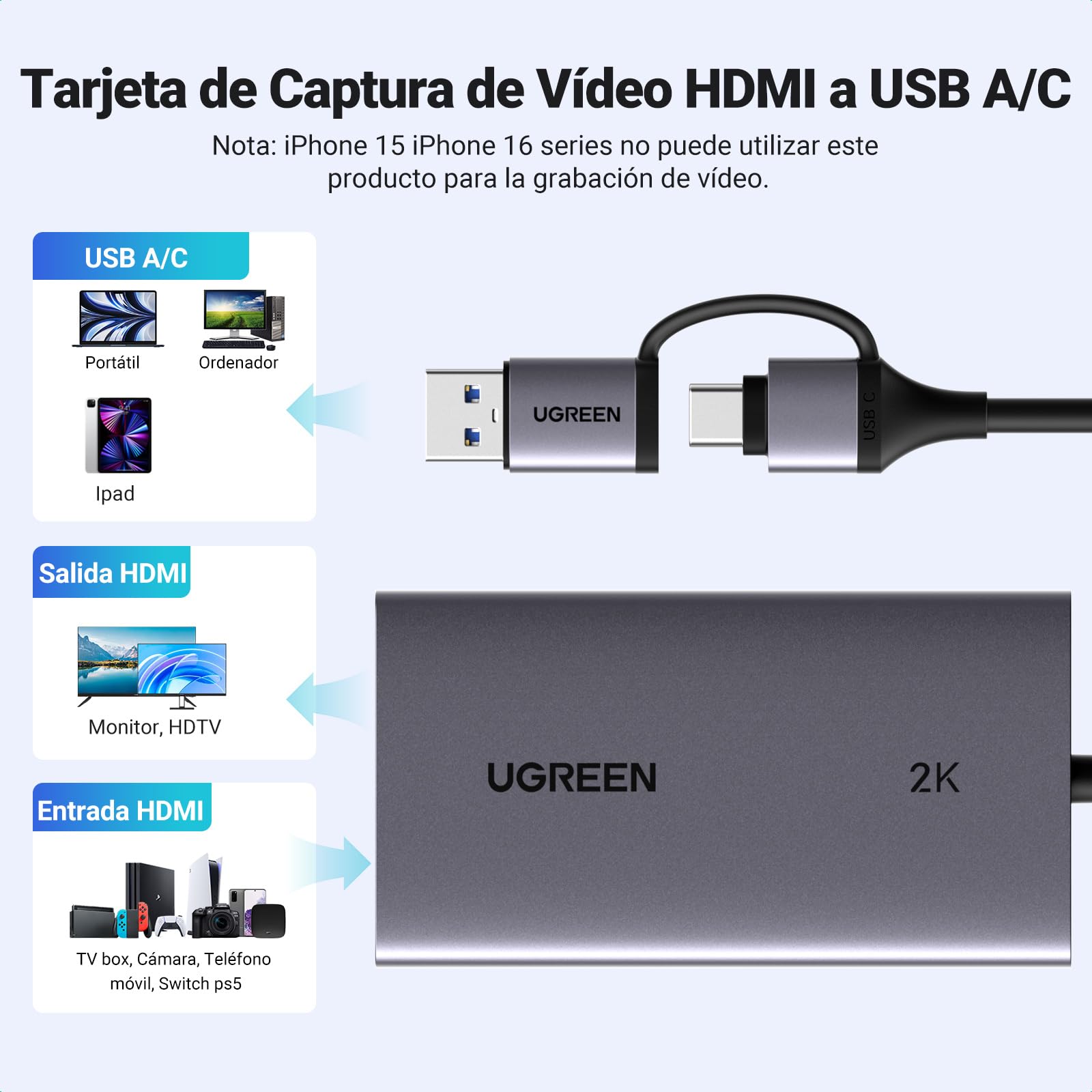 UGREEN 4K Capturadora de Video HDMI, 2K@30Hz 1080P@60fps Grabación de Juegos Passthrough Loop-out para Transmisión, Compatible con Switch 2, PS5, Xbox, PC, Mac