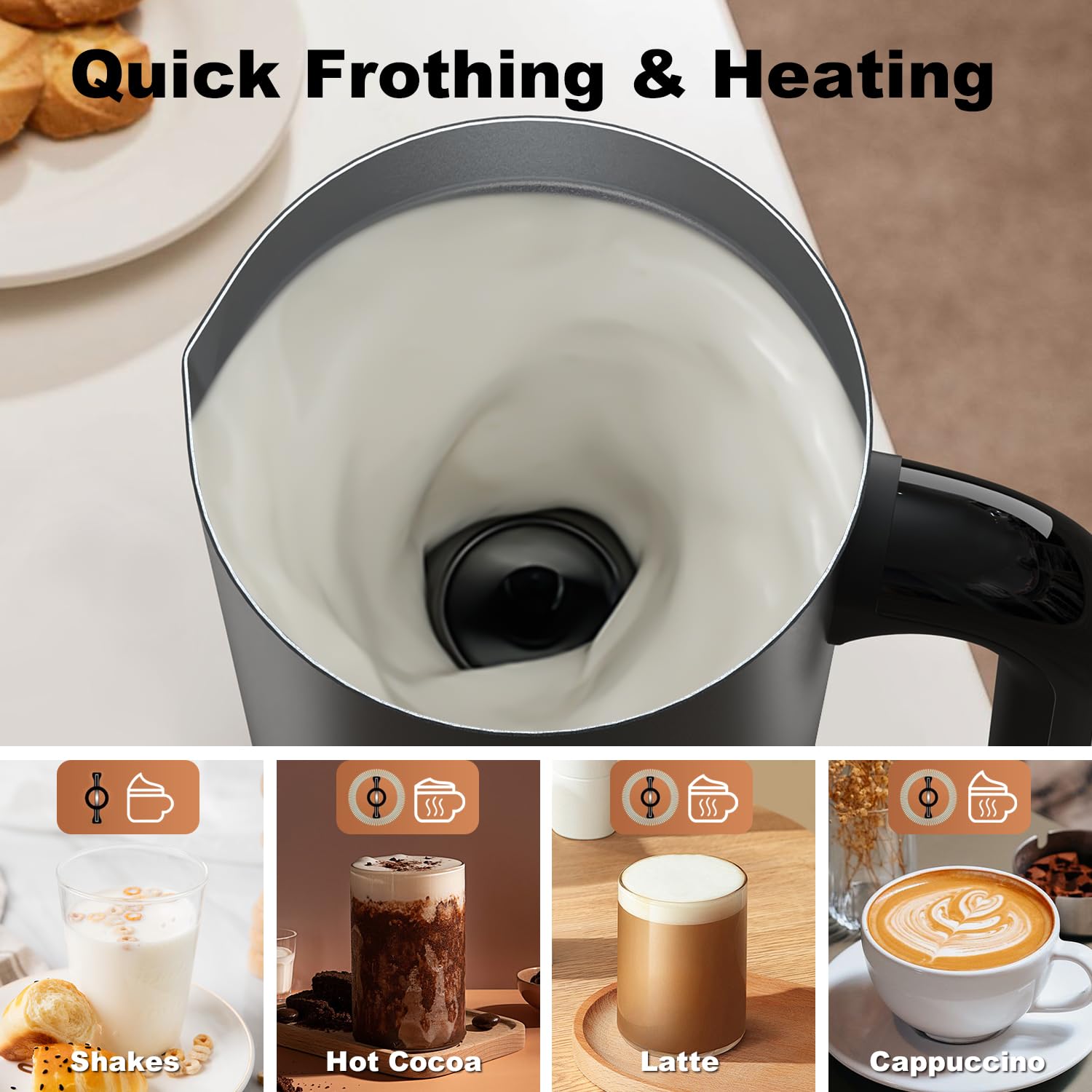 LONGDEEM Espumador de Leche Eléctrico 4 en 1, Negro, Acero Inoxidable, 300 ml, Apagado Automático