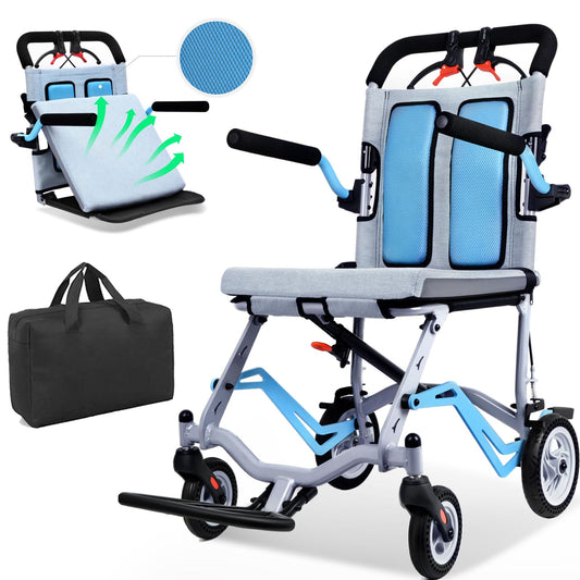 Silla de Ruedas Ultraligera de Aluminio Azul Portátil y Plegable Para Viaje