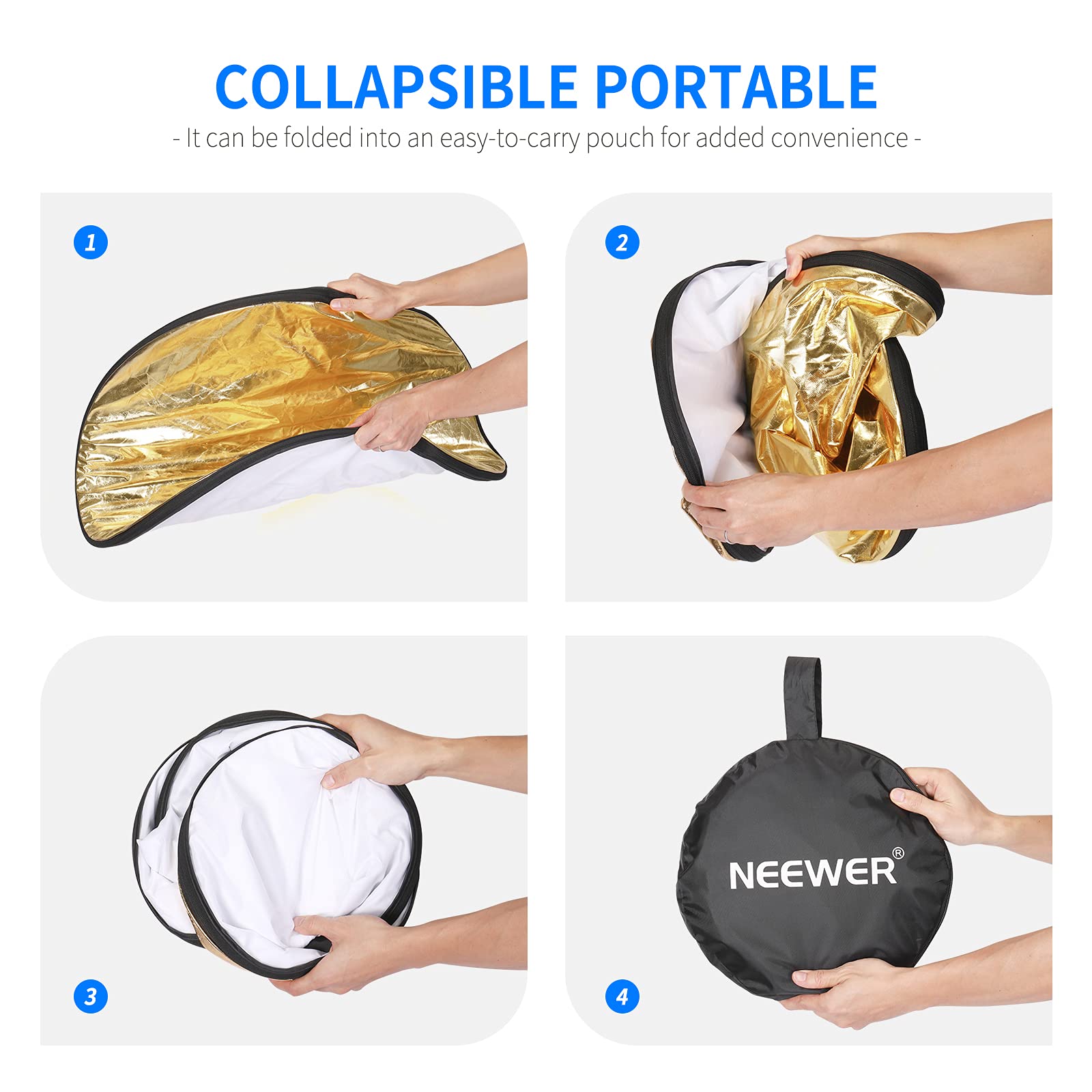 NEEWER 22 pulgadas/60cm Kit de 5 en 1 Reflector de Luz Redondo Plegable Transparente Multi-Disco con Funda de Transporte - Translúcido, Plateado, Dorado, Blanco y Negro para Fotografía de Estudio