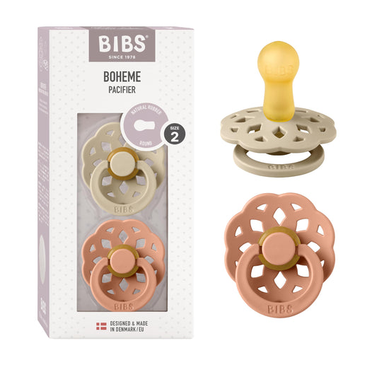 BIBS Chupones Boheme Pack de 2, Tetina redonda de látex natural, Talle 2, Color Vanilla/Peach, 6 a 18 meses, Hecho en Dinamarca