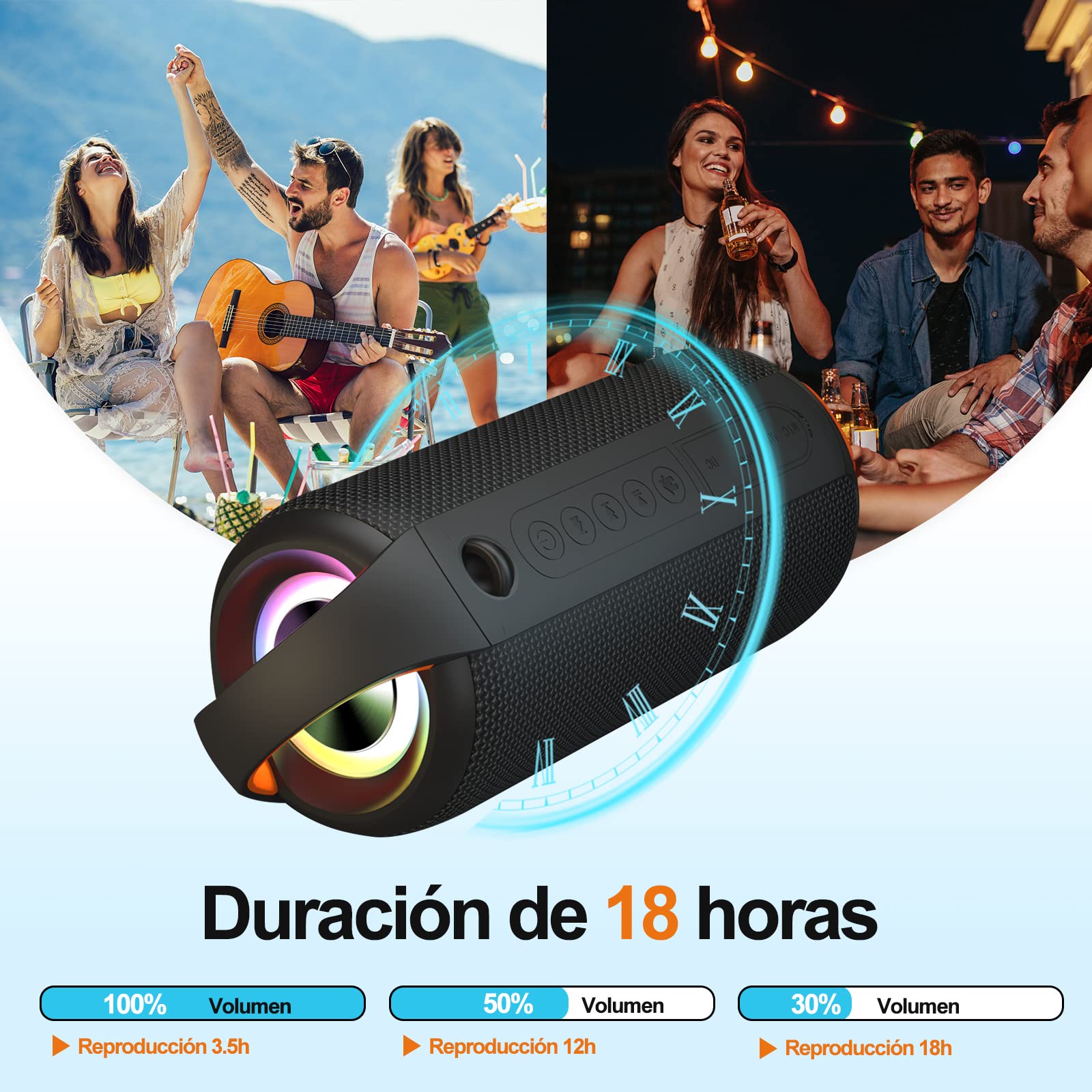 Bocina Bluetooth, Altavoz Portátil Impermeable IPX6, Mini Bocina de RGB, Sonido Estéreo TWS, Batería de 5200 mAh Larga Reproducción, Altavoz Bluetooth 5.0 con Correa Portable para Viaje, Fiesta, Hogar