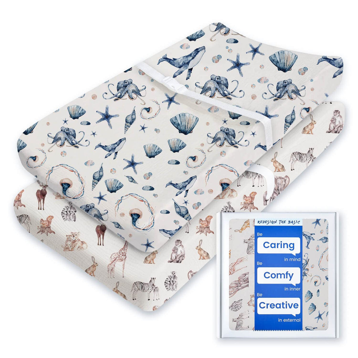 TotBasic - Funda de cambiador extra elástica, ultra suave de punto de jersey de alta calidad, unisex para niños y niñas, se adapta a todas las mesas de cambiador estándar, paquete de 2 (amigos océanos