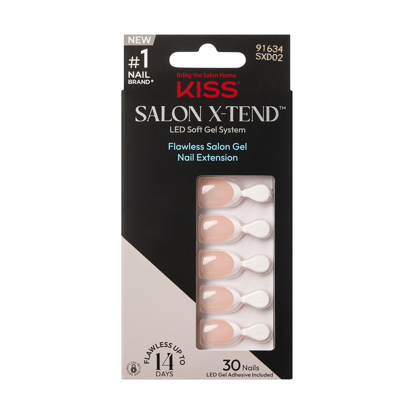 KISS Salón X-Tend, Clavos A Presión, Pegamento para Uñas Incluido, 'Tonterías', Blanco Claro, Tamaño Corto, Forma de Almendra, Incluye 30 Uñas, Adhesivo de Gel Suave Led de 5Ml, 1 Barra de Manicura, 1