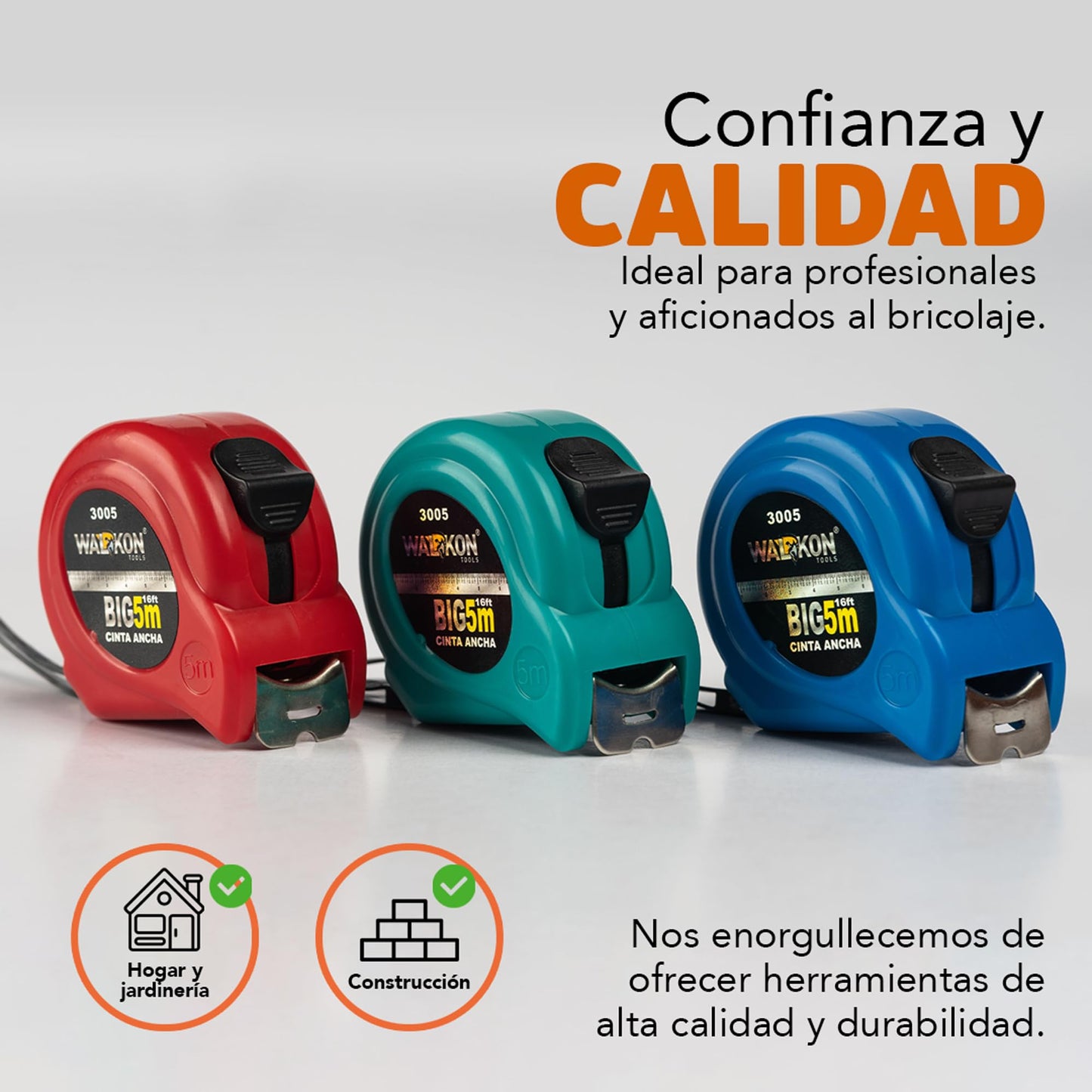 Flexómetro WALKON Rojo Cinta Blanca con Escala en Centímetros, Pulgadas y Fracciones