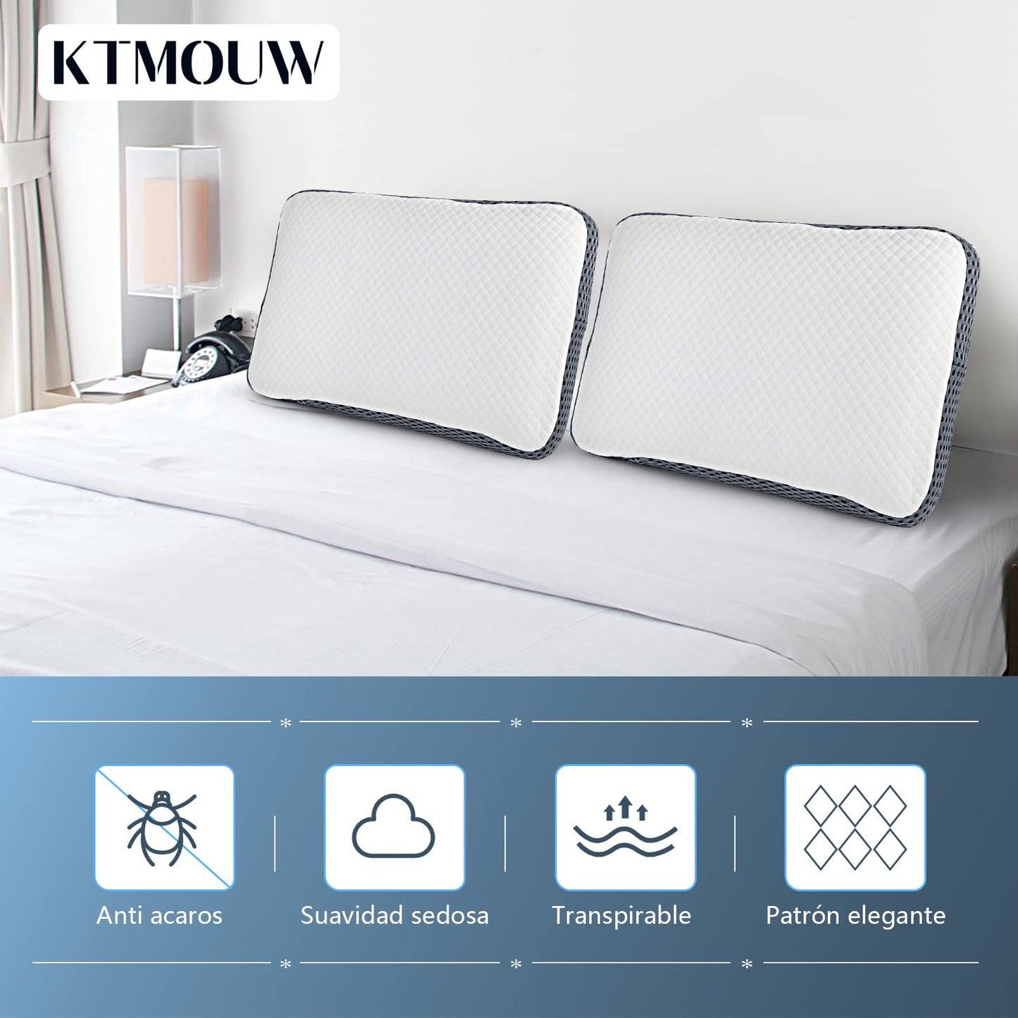 KTMOUW Almohada Memory Foam y Microfibras antiácaros e hipoalergénico Conductor de Temperatura, Ligero y Resistente