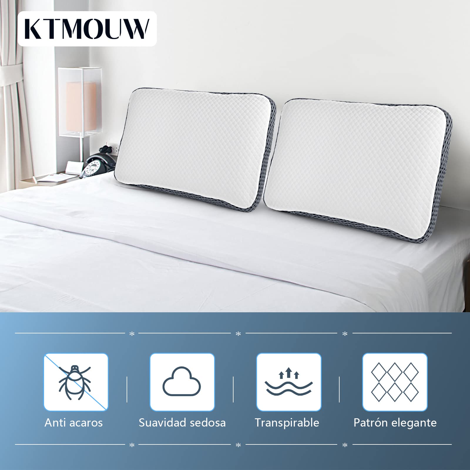 KTMOUW Almohada 2 Piezas Memory Foam y Microfibras antiácaros e hipoalergénico Conductor de Temperatura, Ligero y Resistente