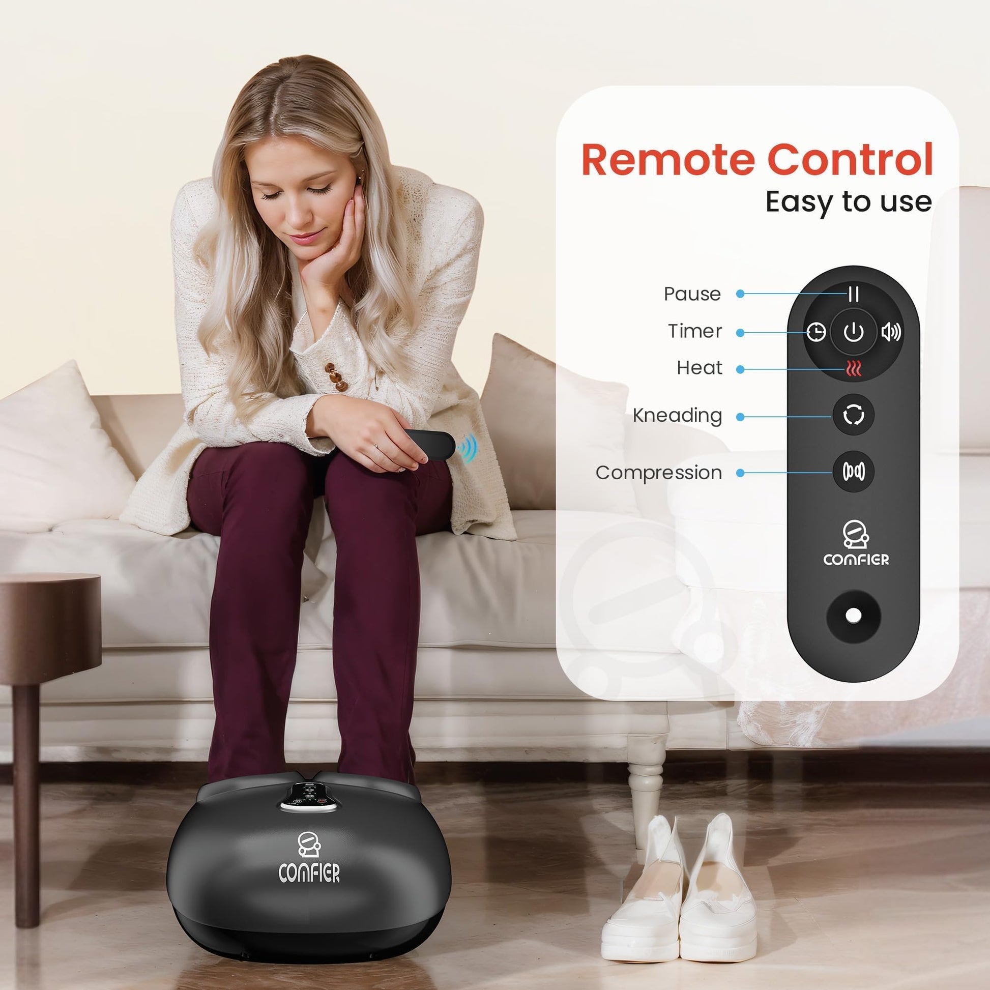 COMFIER Comfier 2024 Upgrade Masajeador De Pies Con Control Remoto, Función Pausa, Masajeador De Pies Con Calor, Compresión, Vibración, Masajeador De Pies Shiatsu Para Neuropatía, Fascitis P