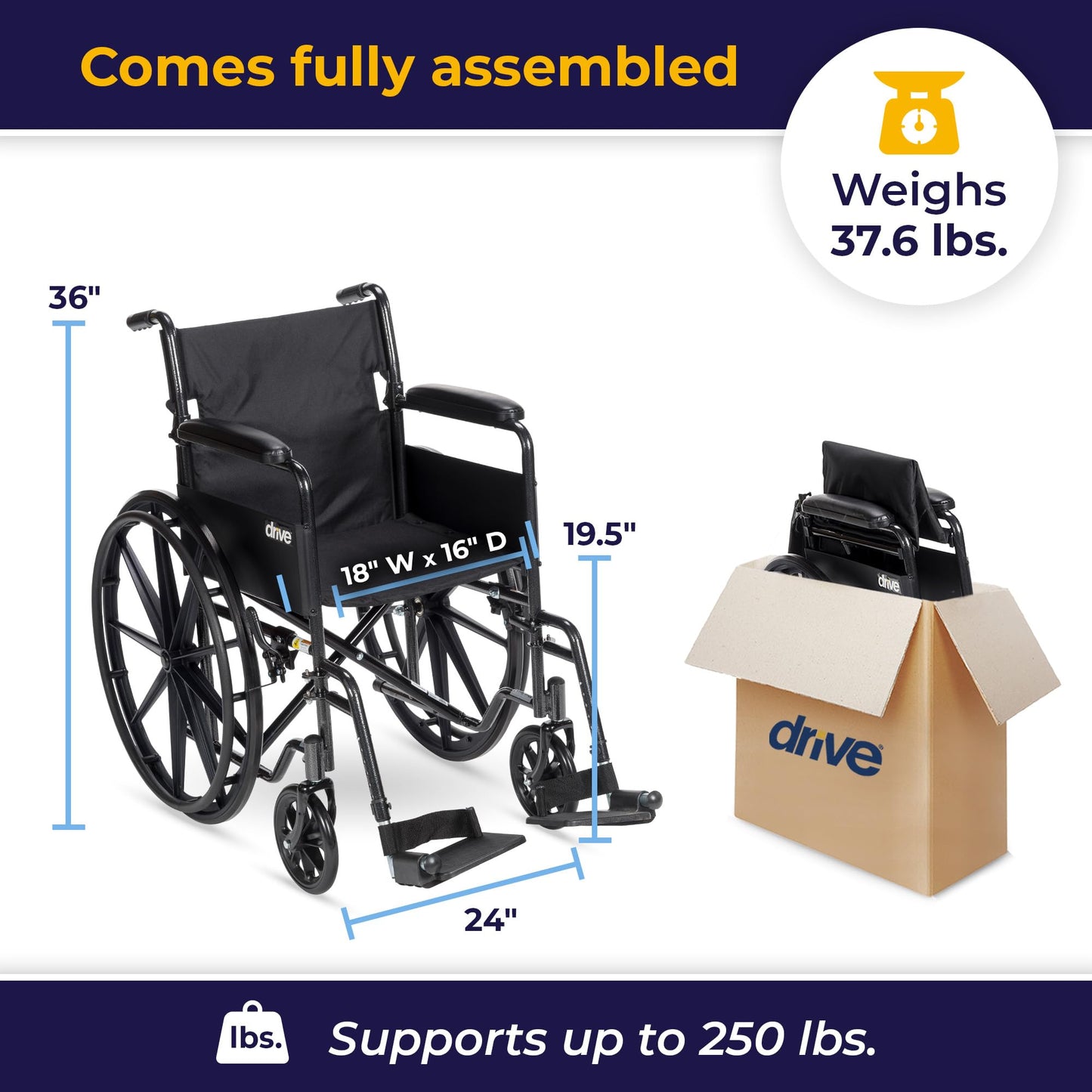 Silla de Ruedas Drive Medical Plata con Brazos Completos y Reposapiés Extraíble