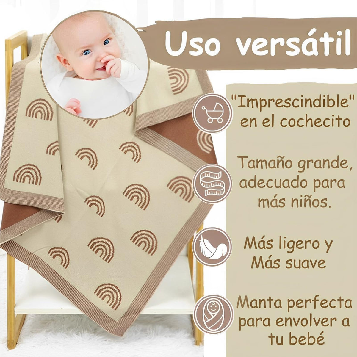 TGHVCQ Manta de bebé, Cobija de para Bebés de Punto de Lujo, Suave Cálida y Acogedora Manta de Abrazo de 90 * 70cm, para Cochecito y Cuna para Recién Nacidos, Bebés e Infantes (Beige)