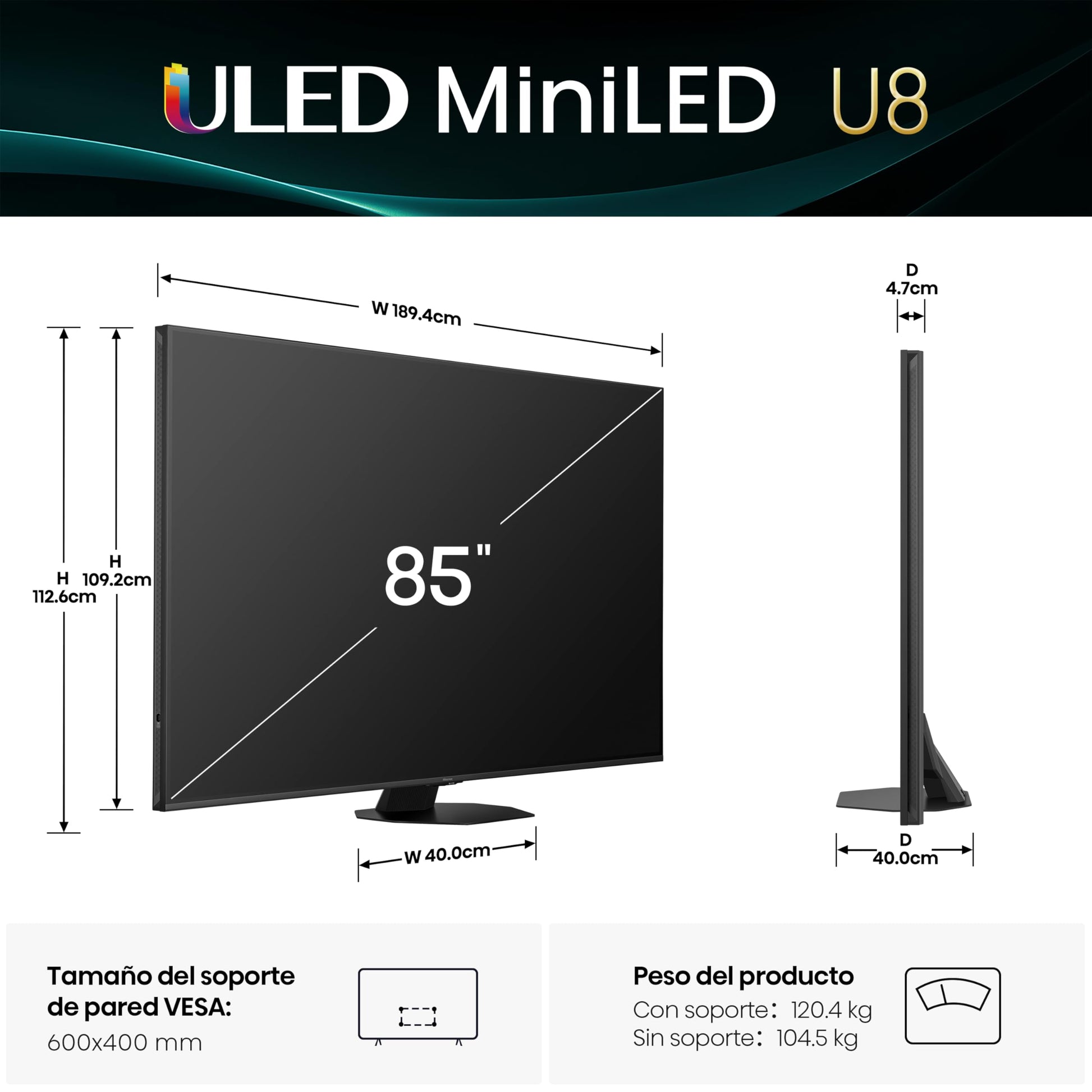 Hisense Television U8QG (Modelo 2025) Pantalla 85 Pulgadas,Mini-LED Pro Smart GoogleTV UHD 4K,Control Remoto por Voz con Alexa,Modo de Juego Ultra de 165 Hz,Hi-View AI Engine Pro