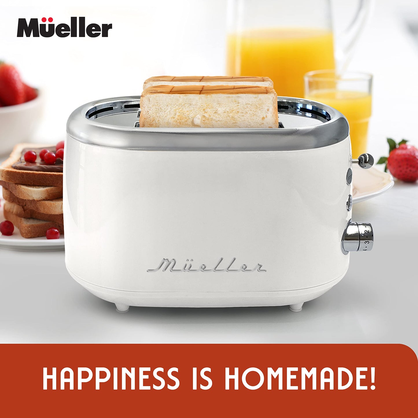 MÜELLERHOME tostador retro de 2 rebanadas, 7 niveles de dorado, 3 funciones (recalentar, descongelar, cancelar), bandeja extraíble para migas, almacenamiento de cable debajo de la base,