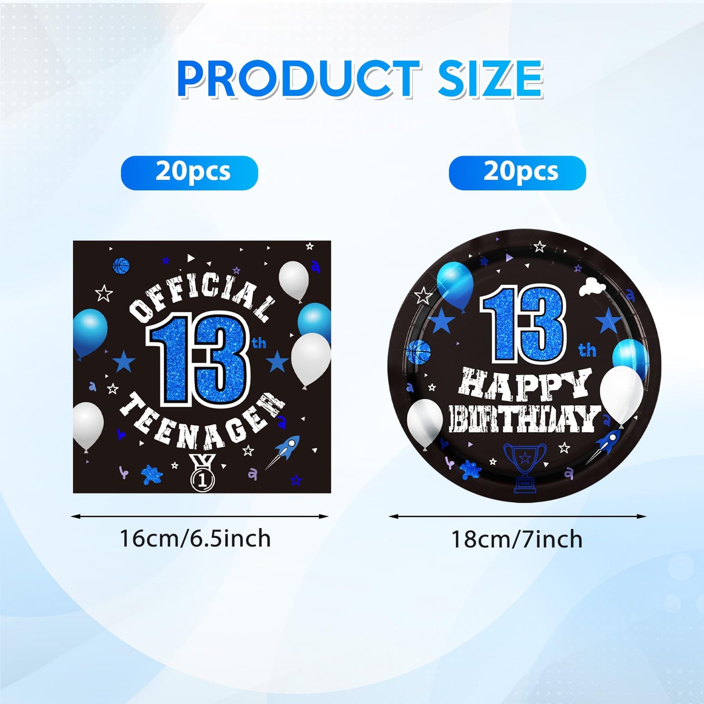 DURYGEN - Juego de 40 piezas de decoraciones de 13 cumpleaños para niños, platos y servilletas desechables de 13 cumpleaños, color azul, suministros de fiesta de 13 cumpleaños para niños y