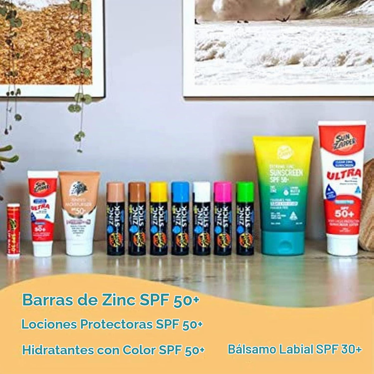 Fotoprotector Mineral en Barra Sun Zapper Arcoiris SPF 50+ Rosa Azul Amarillo Verde Paquete de 4