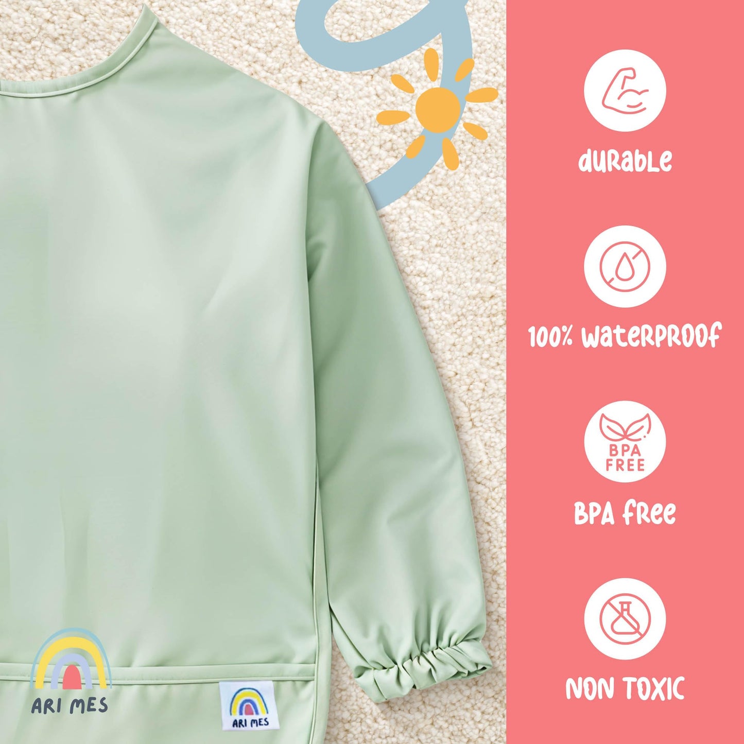 ARI MES - Babero de manga larga impermeable para bebé, traje de babero de manga completa para bebé niño o niña, talla M, azul