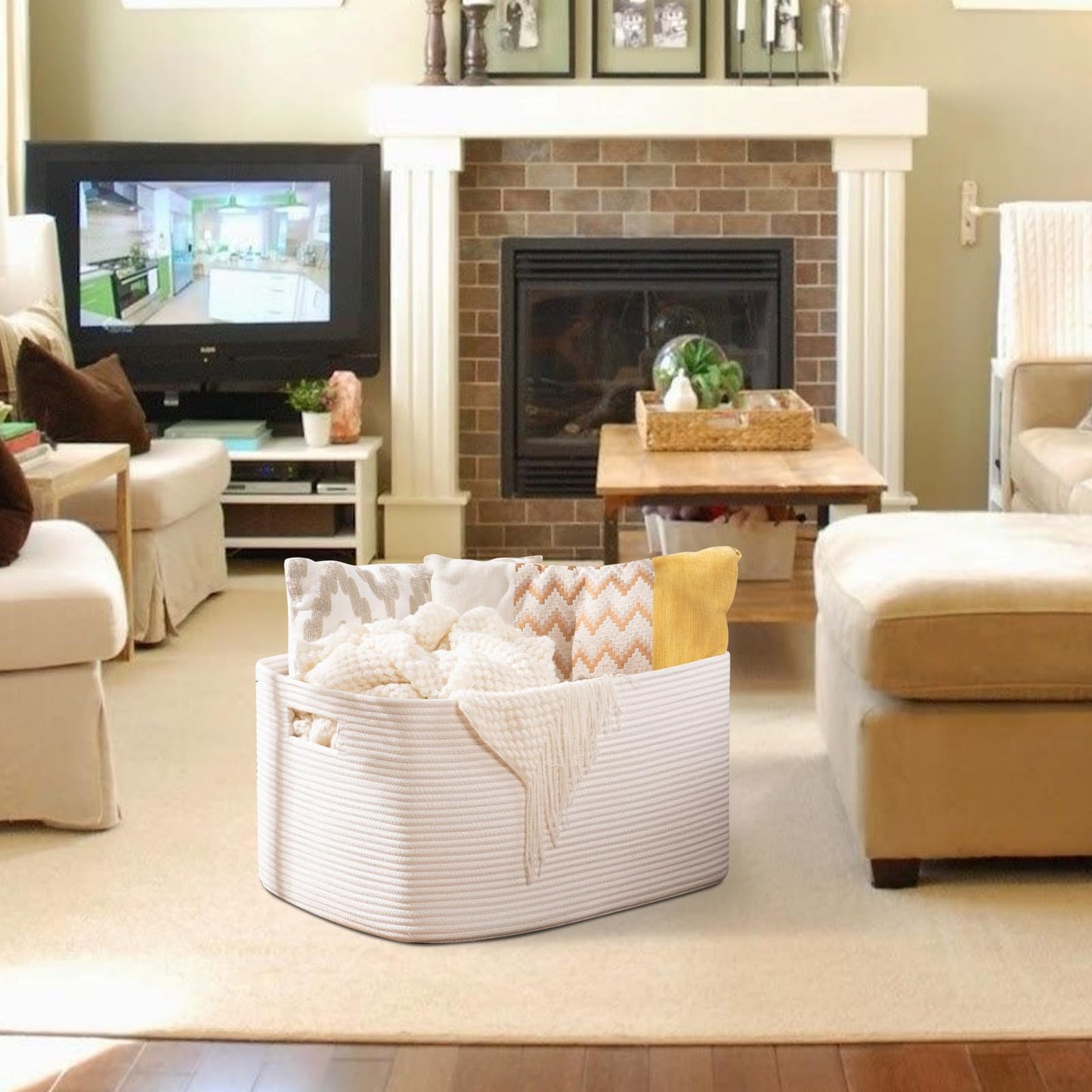 OIAHOMY - Cesta rectangular grande de 96 L, cesta tejida de algodón para almacenamiento, cesta de ropa sucia para sala de estar, guardería, recámara, organización de juguetes con asa, 24 x 16 x 15