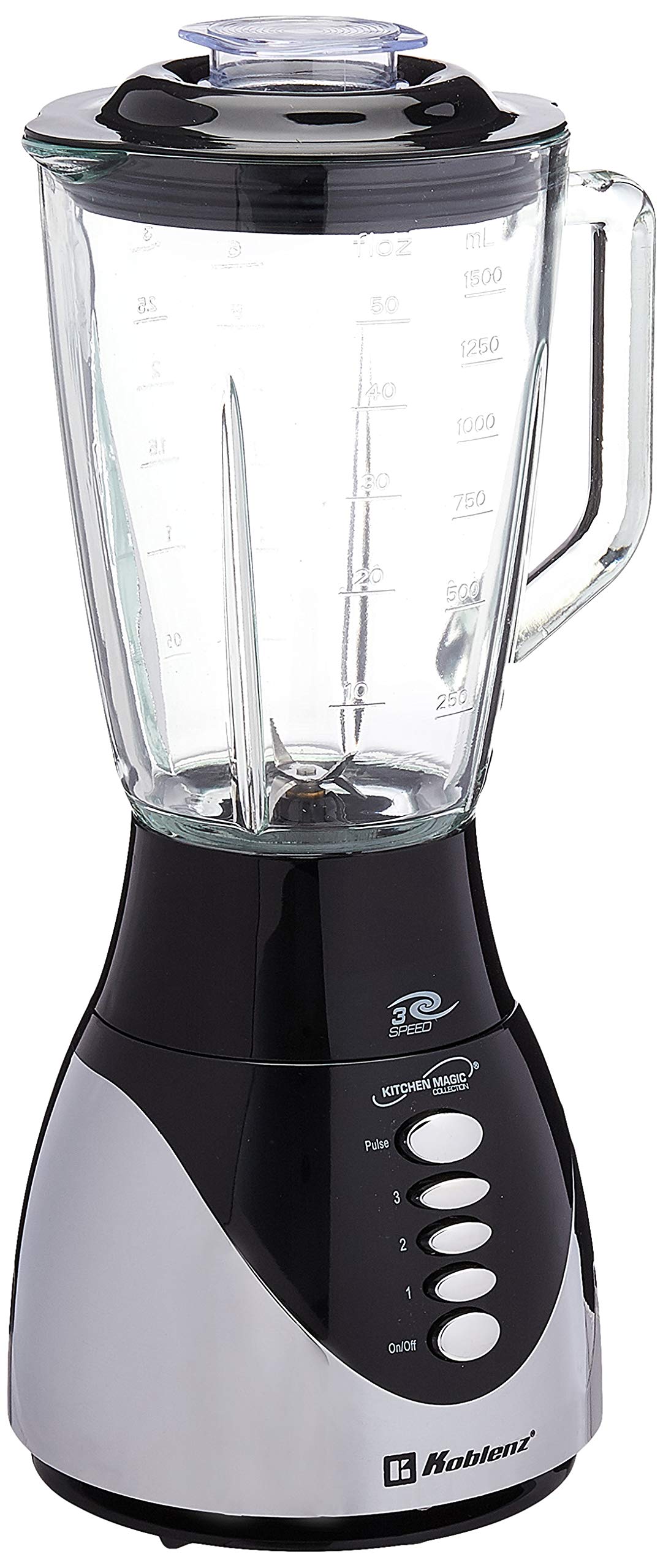 Licuadora Koblenz Súper Chef con Vaso de Vidrio de 1.5L de 3 Velocidades y Función de Pulso, 500 W, Cuchillas de Acero Inoxidable, Tritura Hielo, Smoothies, Negro con Acero Inoxidable (LKM-4703 VI)