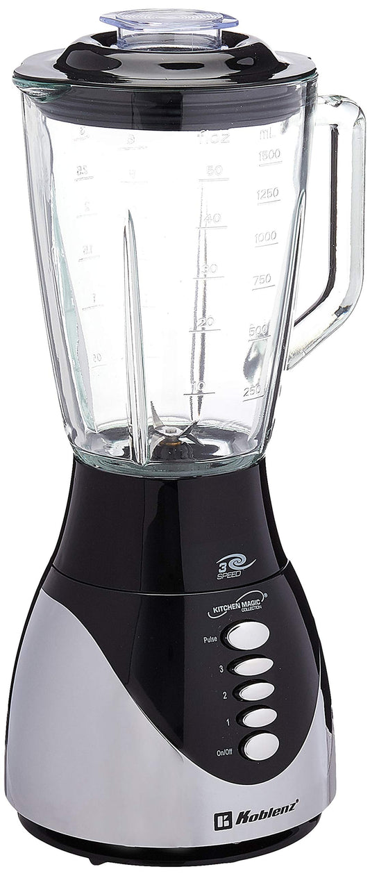 Licuadora Koblenz Súper Chef con Vaso de Vidrio de 1.5L de 3 Velocidades y Función de Pulso, 500 W, Cuchillas de Acero Inoxidable, Tritura Hielo, Smoothies, Negro con Acero Inoxidable (LKM-4703 VI)