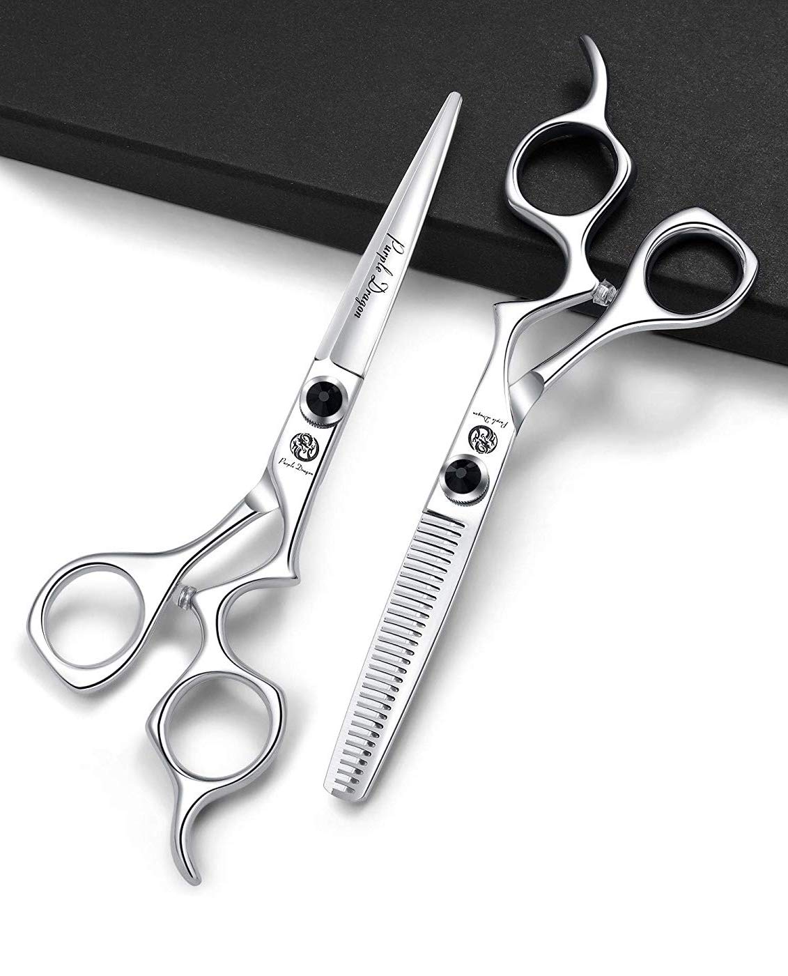 Purple Dragon Tijeras de Corte de Cabello 6.0 Pulgadas Acero Inoxidable Japonés 440C Filo Afilado Color Plata con Bolsa - Perfectas para Barbero, Salón y Peluquero