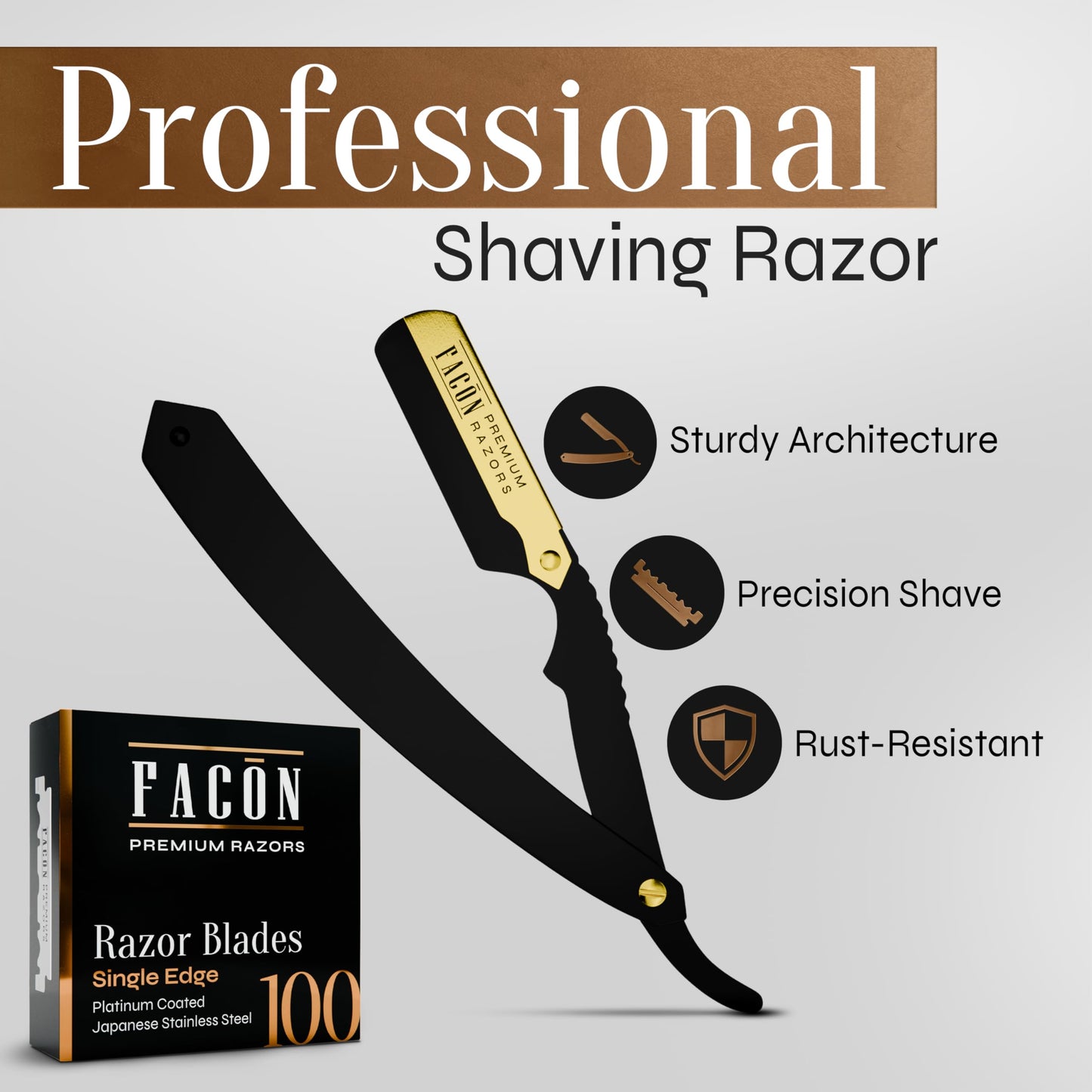 100 cuchillas + Maquinilla de afeitar profesional de pelo recto de facón – Calidad de salón corte garganta afeitadora