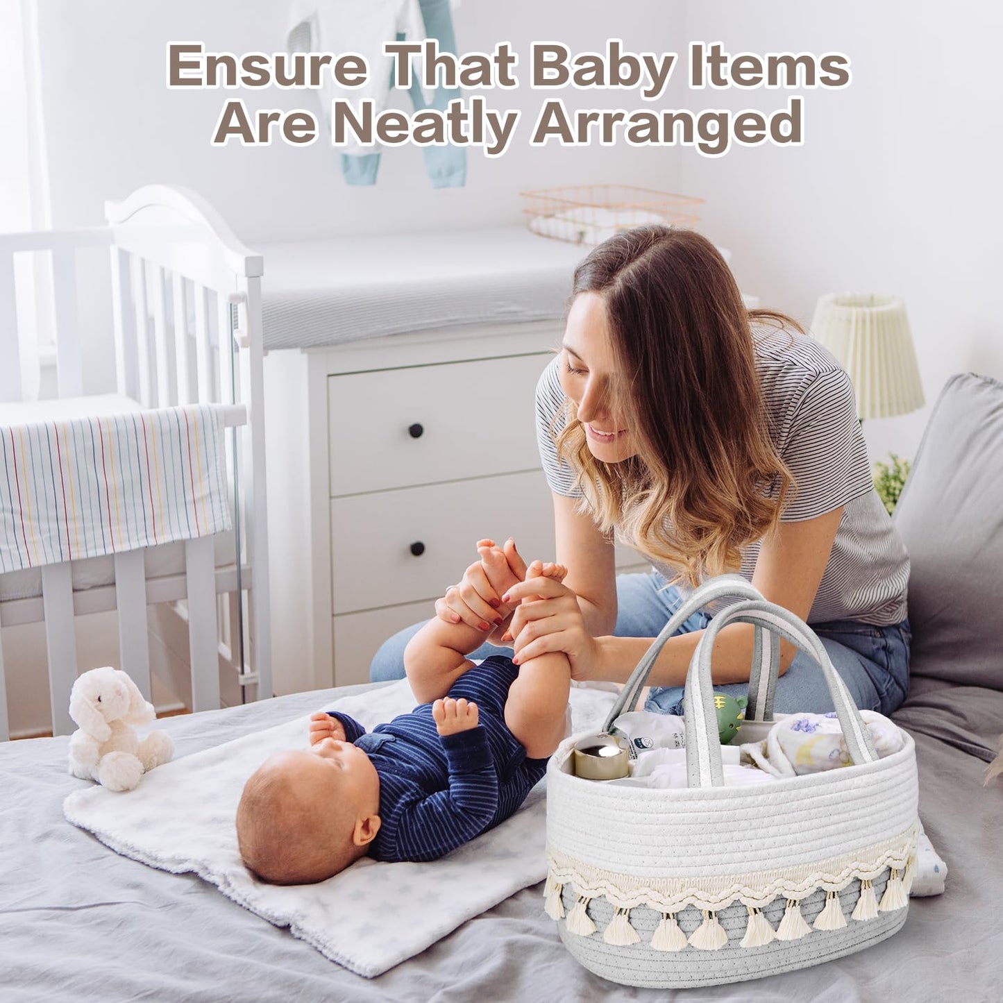 TUWEIPAIKE Organizador de pañales, elegante cesta de almacenamiento de guardería, cesta de baby shower con aspecto decorativo de borla, cesta de almacenamiento portátil adecuada para viajes familiares