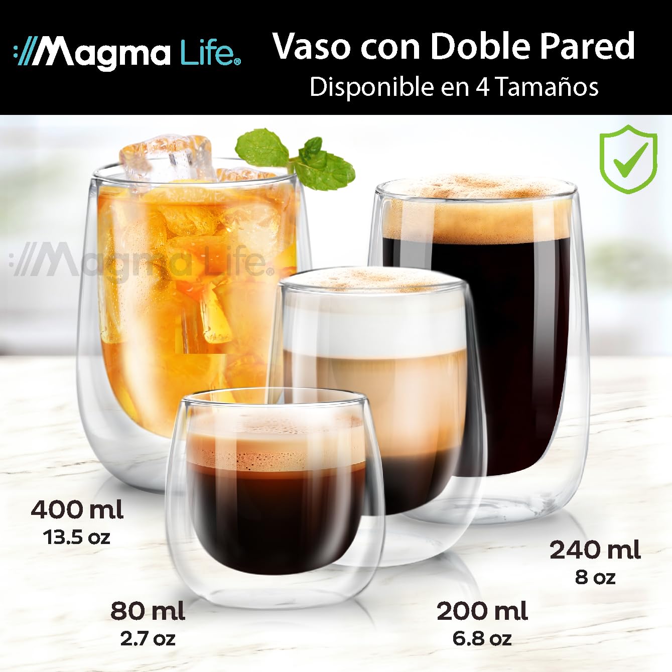 MAGMALIFE Vasos de Cristal de Doble Pared de 80 ml (2.7 Onzas), Vidrio Térmico Doble Fondo. Set de 4 Piezas, Tamaño Ideal Para Espresso. Elegancia y versatilidad en cada sorbo. ¡Disfruta al máximo!