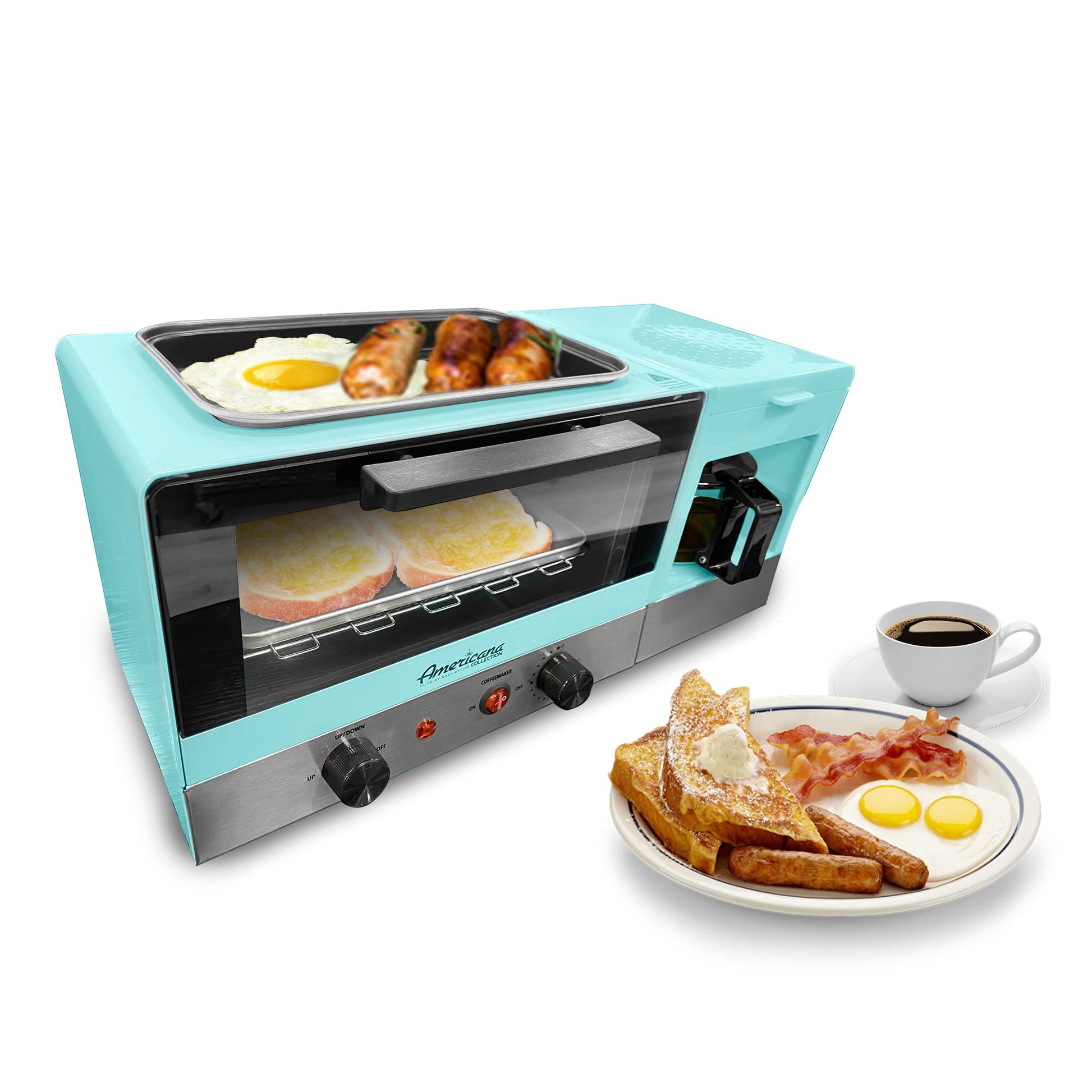 Elite Gourmet Americana 2 rebanadas, plancha de 9.5 pulgadas con tapa de vidrio, estación central de desayuno 3 en 1, cafetera de 4 tazas, horno tostador con temporizador de 15 minutos, modo selector