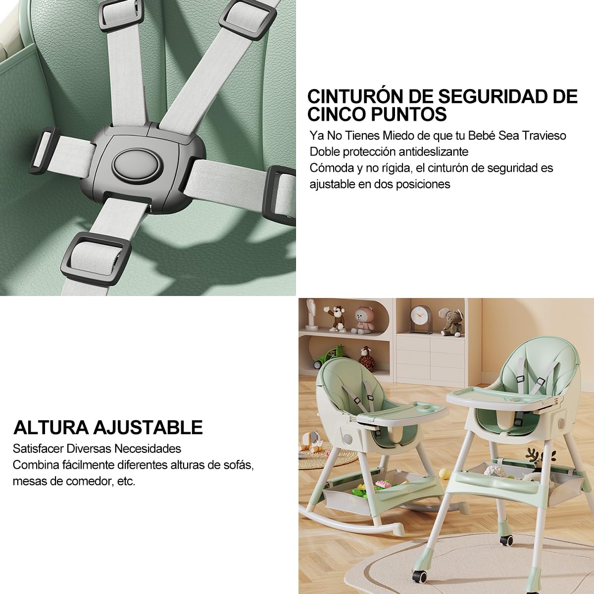 SLNXA Silla Alta para Bebé Multifuncional: Sillón y Mecedora en Uno con Ruedas Universales, Plato Llano Doble Extraíble, Cesta de Almacenamiento y Cojín de PU, Ajustable Plegable (Verde)