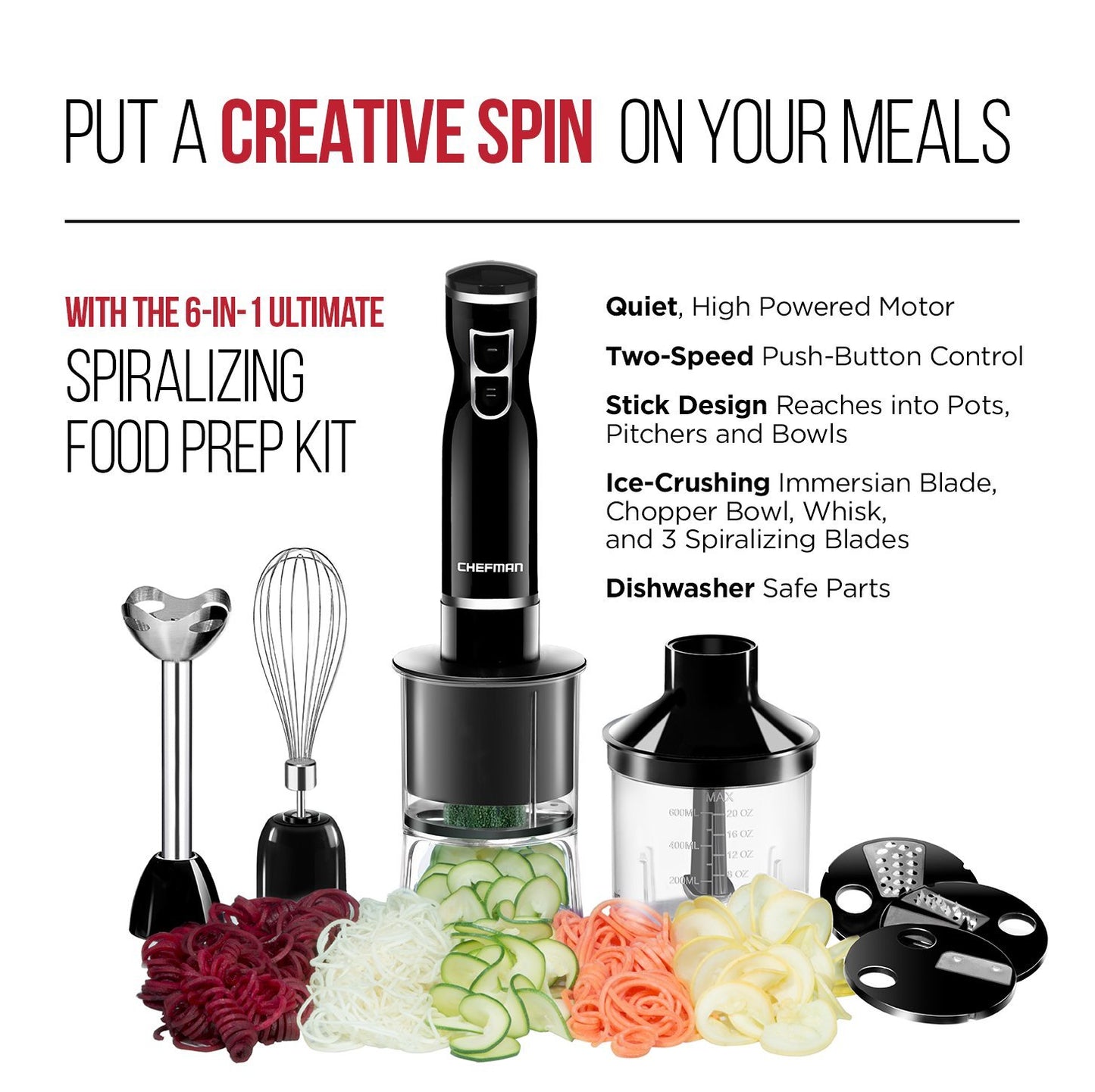 Chefman | Batidora de Mano | Hand Blender | Licuadora de Mano | 3 Cuchillas | 6 en 1 | Negro