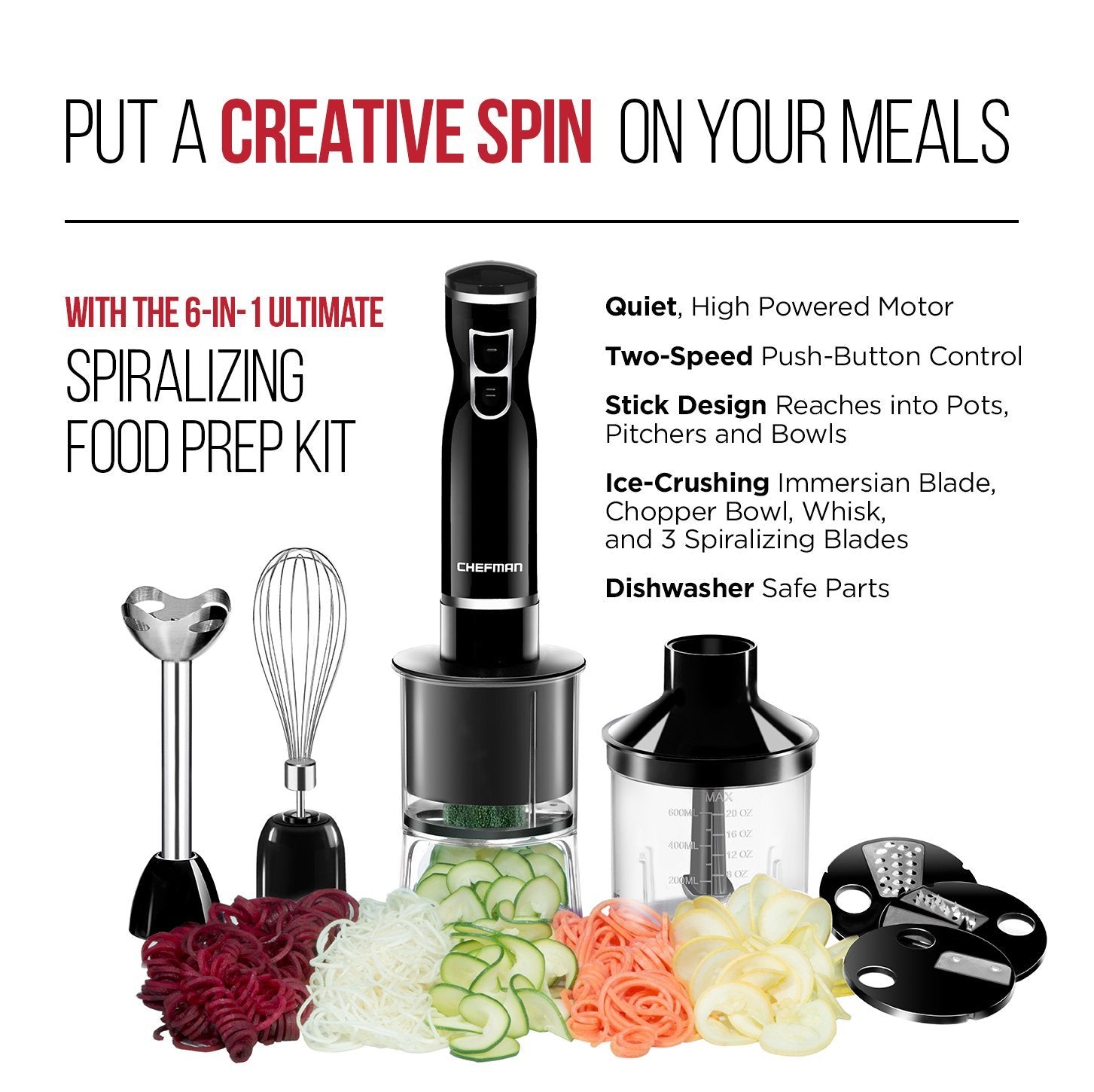 Chefman | Batidora de Mano | Hand Blender | Licuadora de Mano | 3 Cuchillas | 6 en 1 | Negro