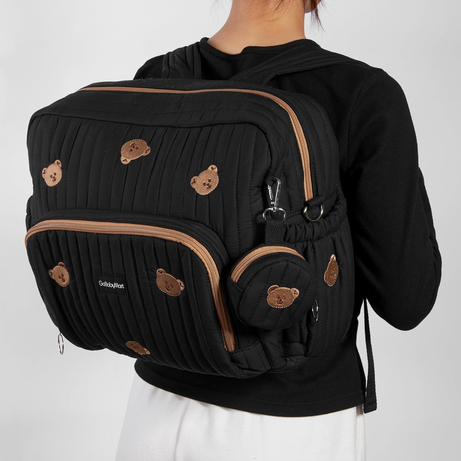 GOBABYMART - Mochila para pañales con cambiador, bolsa de viaje para bebé, bolsillos aislados para botellas, correas para carriola (medianas, osos negros)