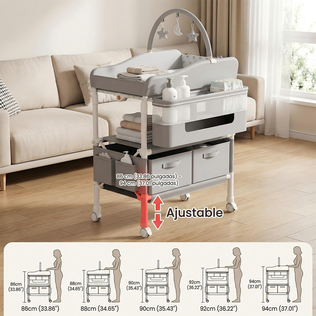 Mueble Cambiador para Bebe, Cambiador de Pañales para Bebe Plegable, Altura Regulable,con 2 Cajones,Ruedas y Cinturón de Seguridad, Cambiador para Bebe Impermeable para Recién Nacidos a Niños Pequeños