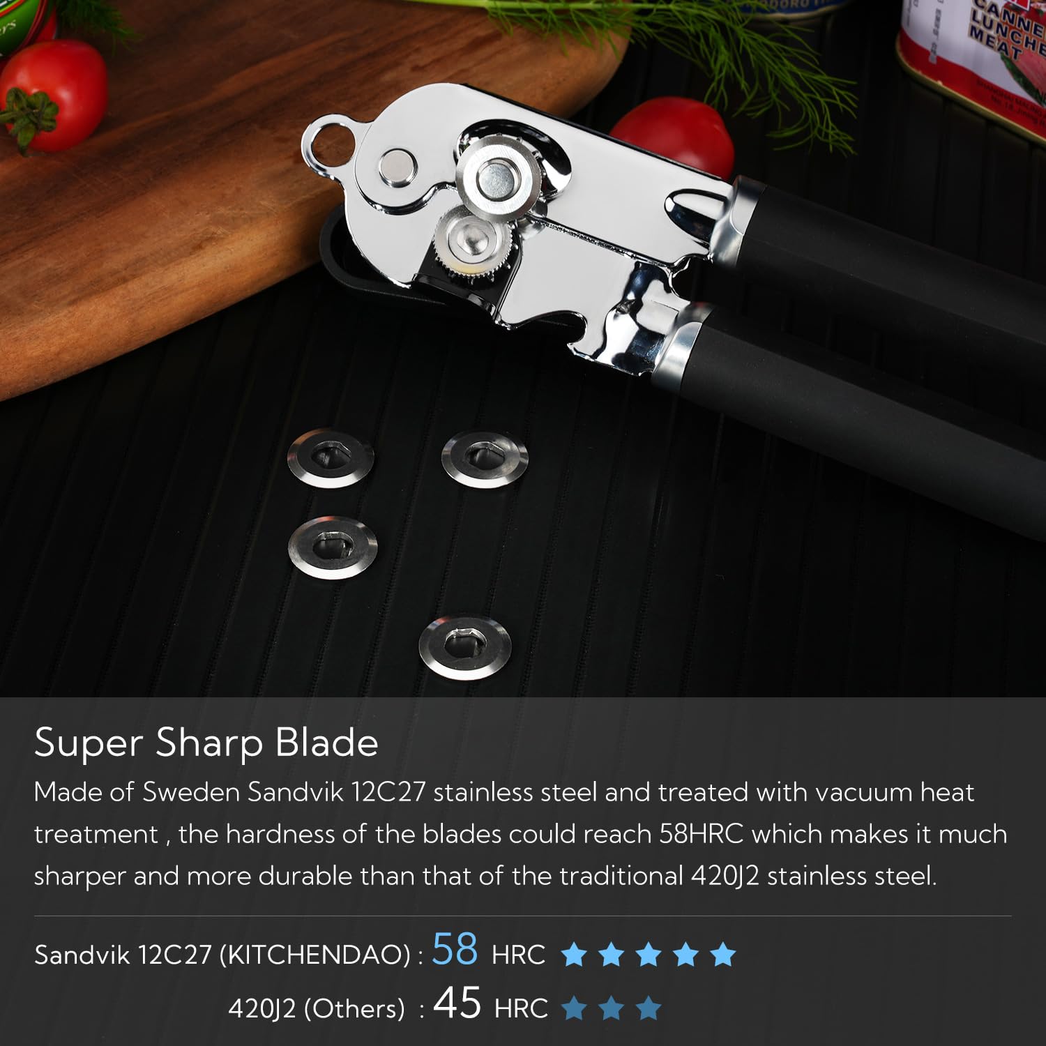 KITCHENDAO Abrelatas manual, abridor de latas de mano con imán, rueda de corte súper afilada para un corte de borde suave, perilla de gran tamaño de agarre para personas mayores y artritis, Negro