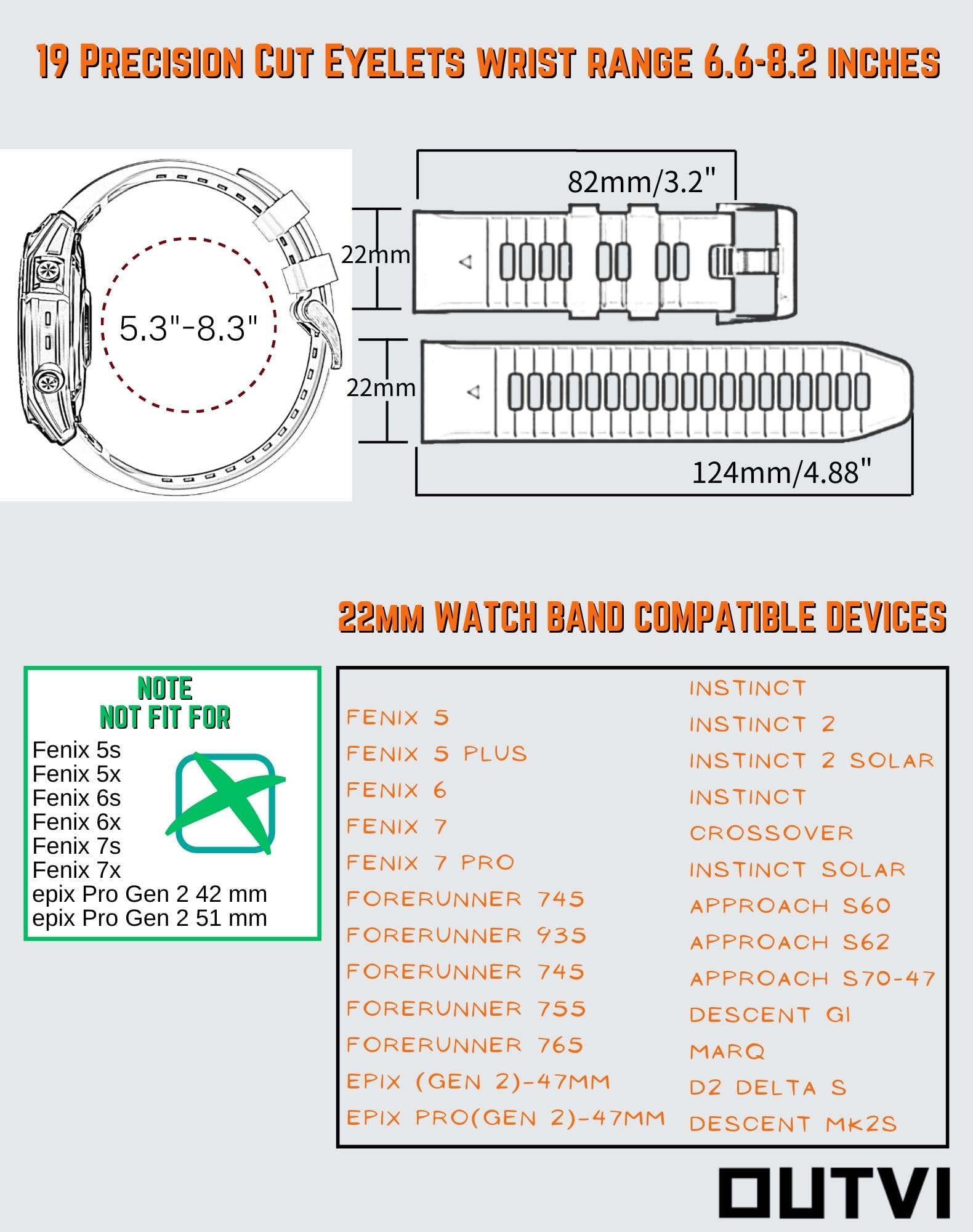 OUTVI 22mm watch band for garmin fenix 5 6 7 pro Sapphire Solar Forerunner 965 955 935 745 epix Pro Gen 2 47mm only soft silicone quick fit 22 watch bands replacement for men women Orange