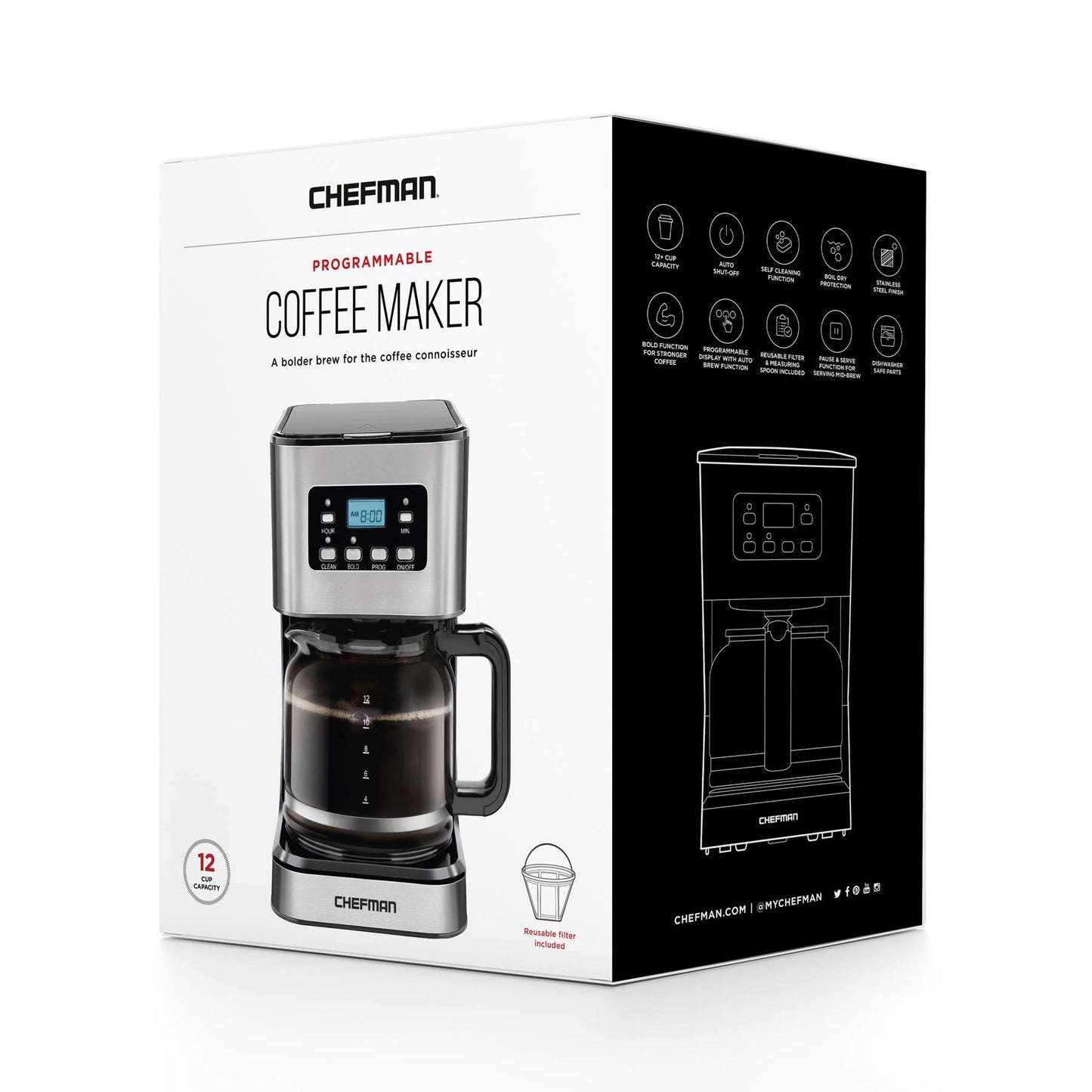 Chefman, Cafetera de Goteo Programable de 12 Tazas, Filtro Reutilizable, Acero Inoxidable